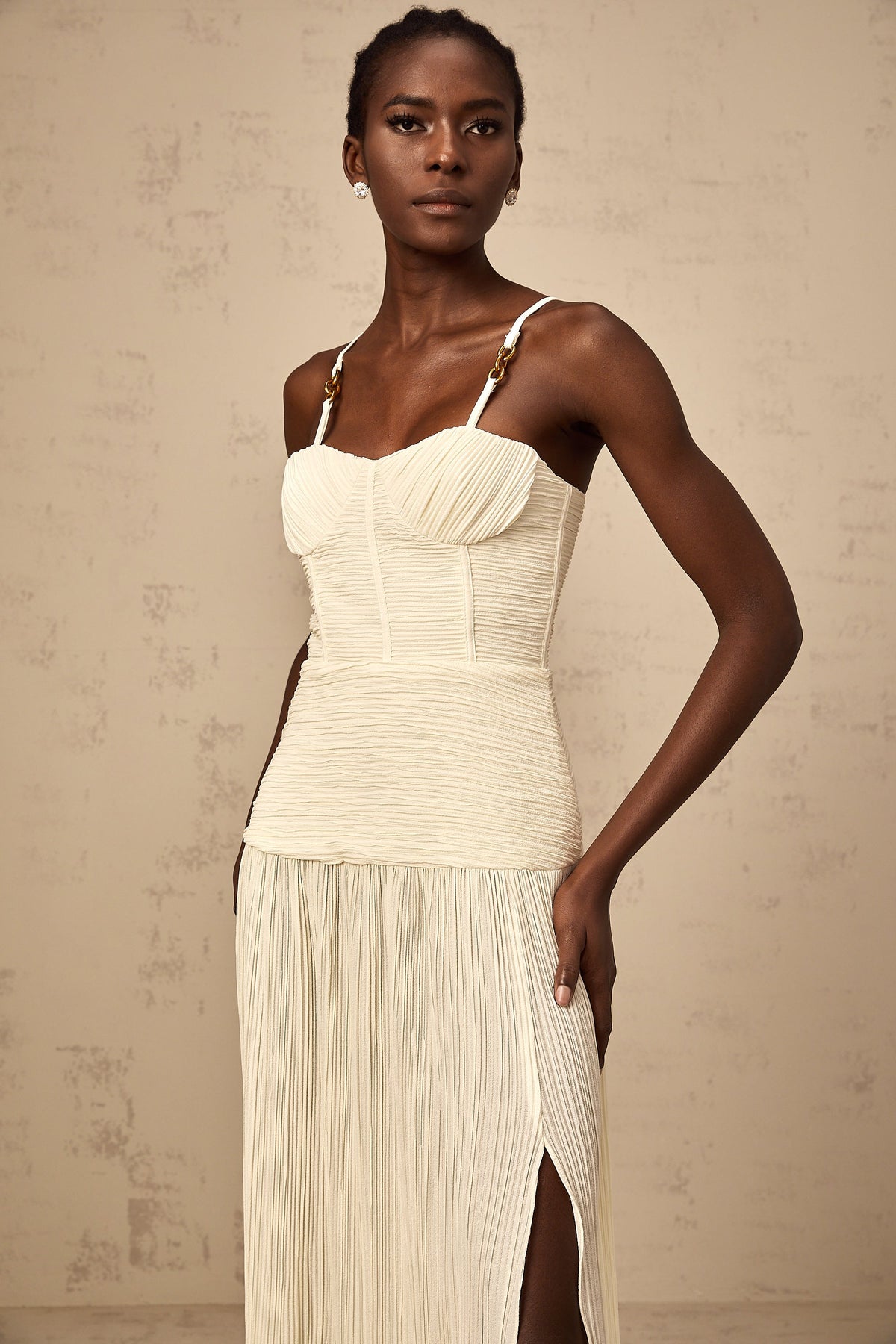 Félicie side-slit pleated maxi dress in Neutrals