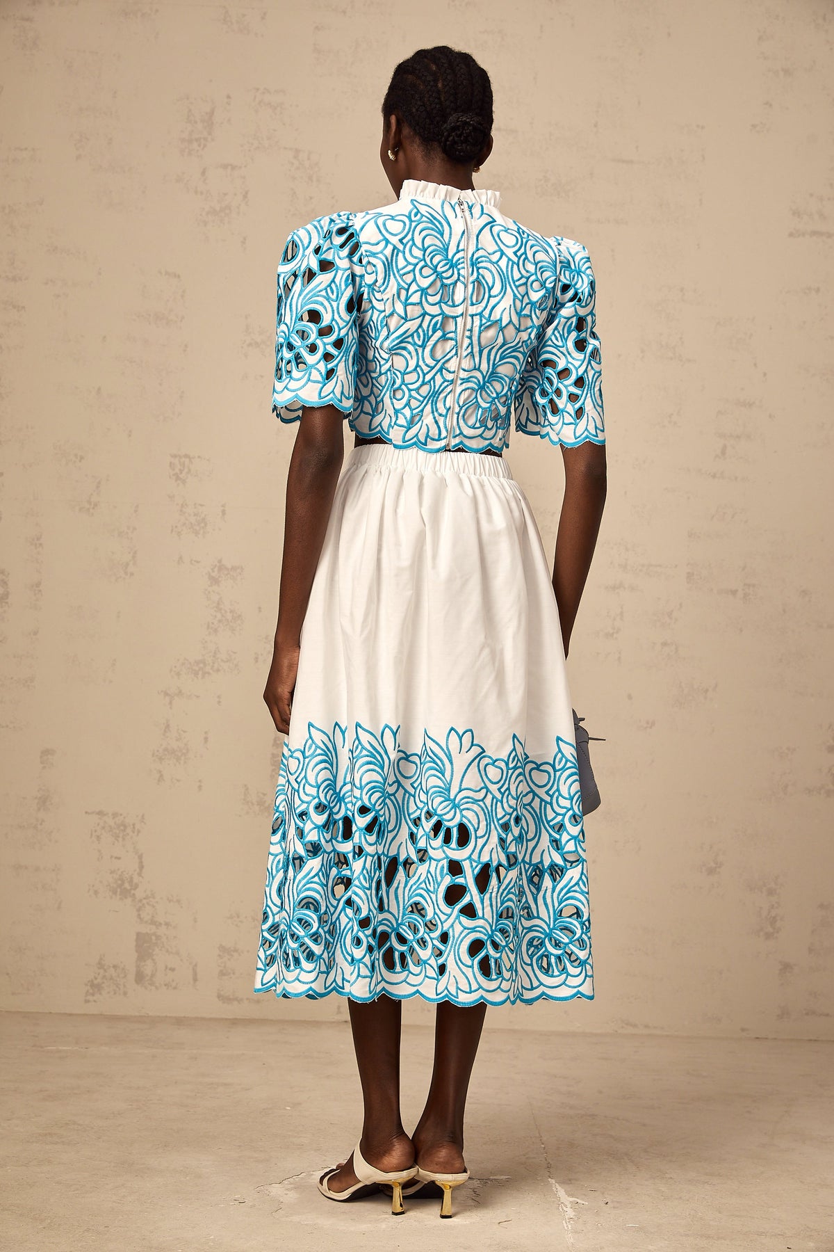 Aurore blue cut-out embroidered top & skirt matching set (Final Sale-US Only)