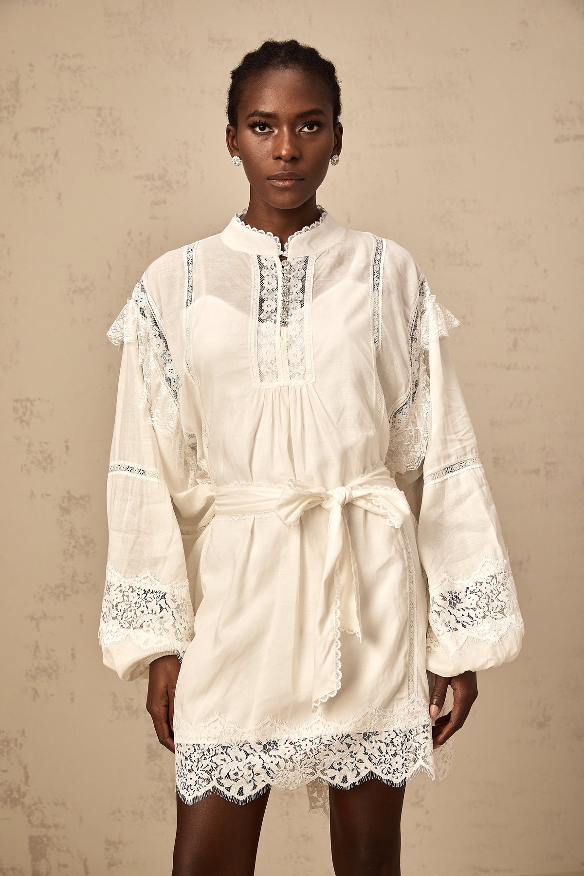 Reine white floral-lace-trim mini dress