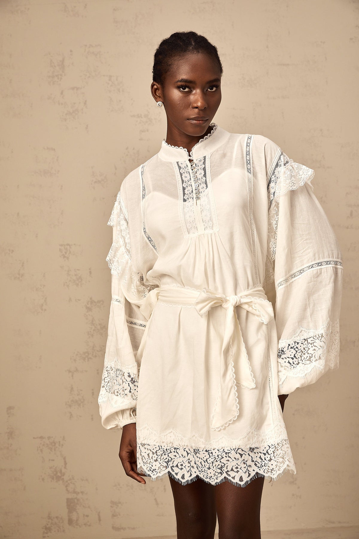 Reine white floral-lace-trim mini dress