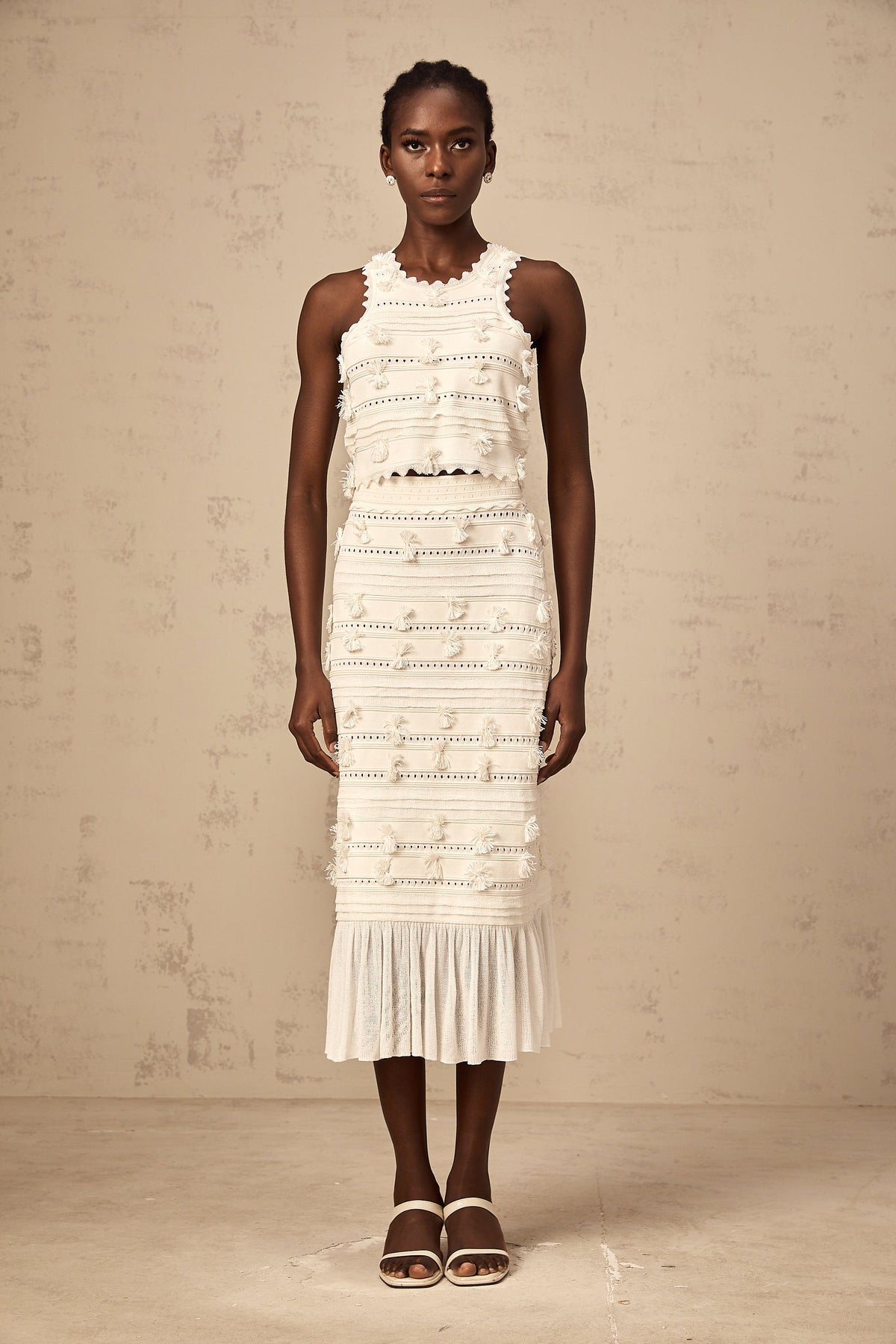 Paola white pointelle-trim knit top & skirt matching set