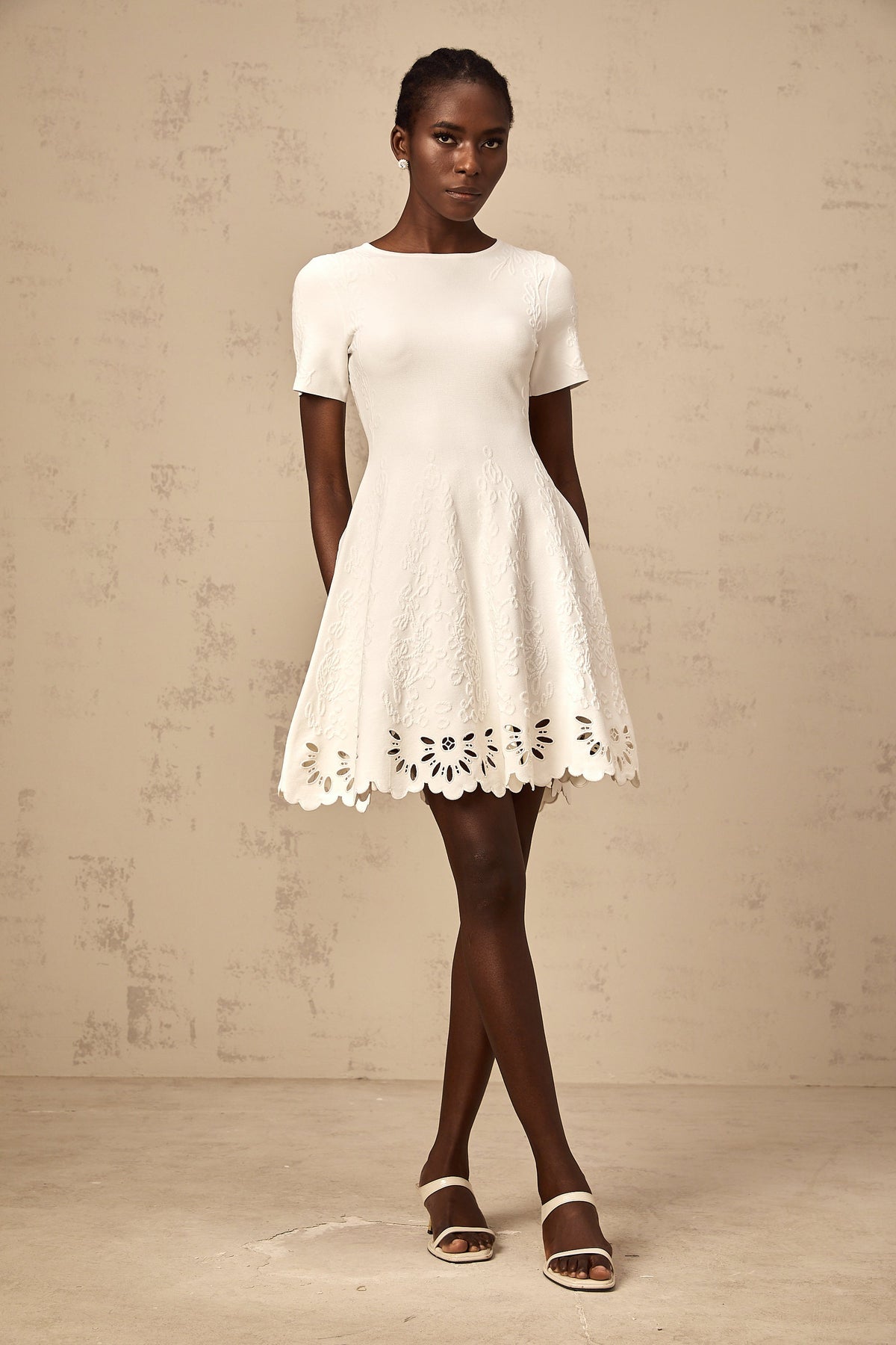 Émilie white knitted cut-out jacquard mini dress