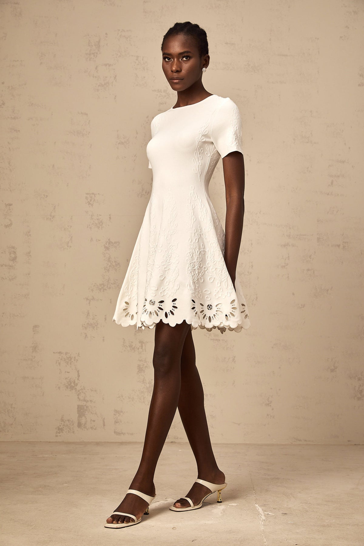 Émilie white knitted cut-out jacquard mini dress