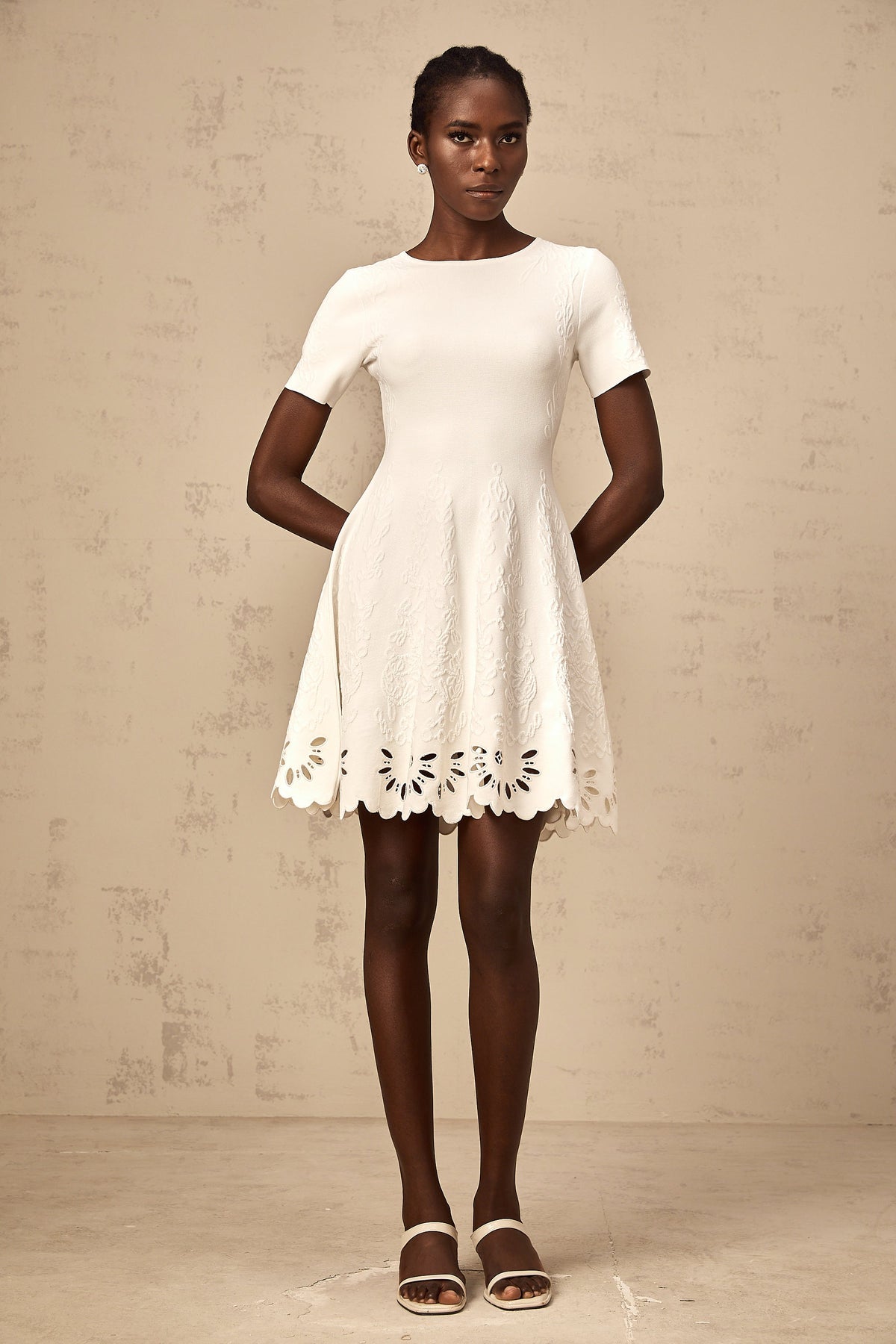 Émilie white knitted cut-out jacquard mini dress