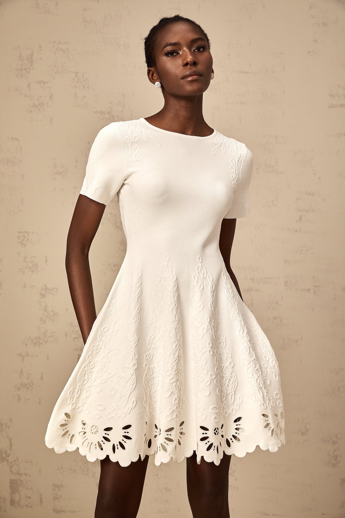 Émilie white knitted cut-out jacquard mini dress