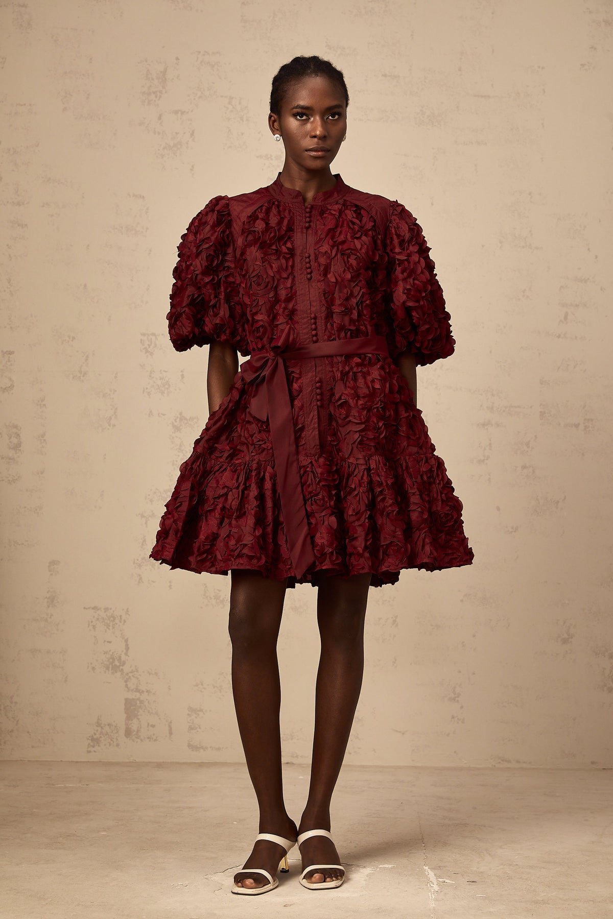 Ségolène wine-red 3D-petal puff mini dress