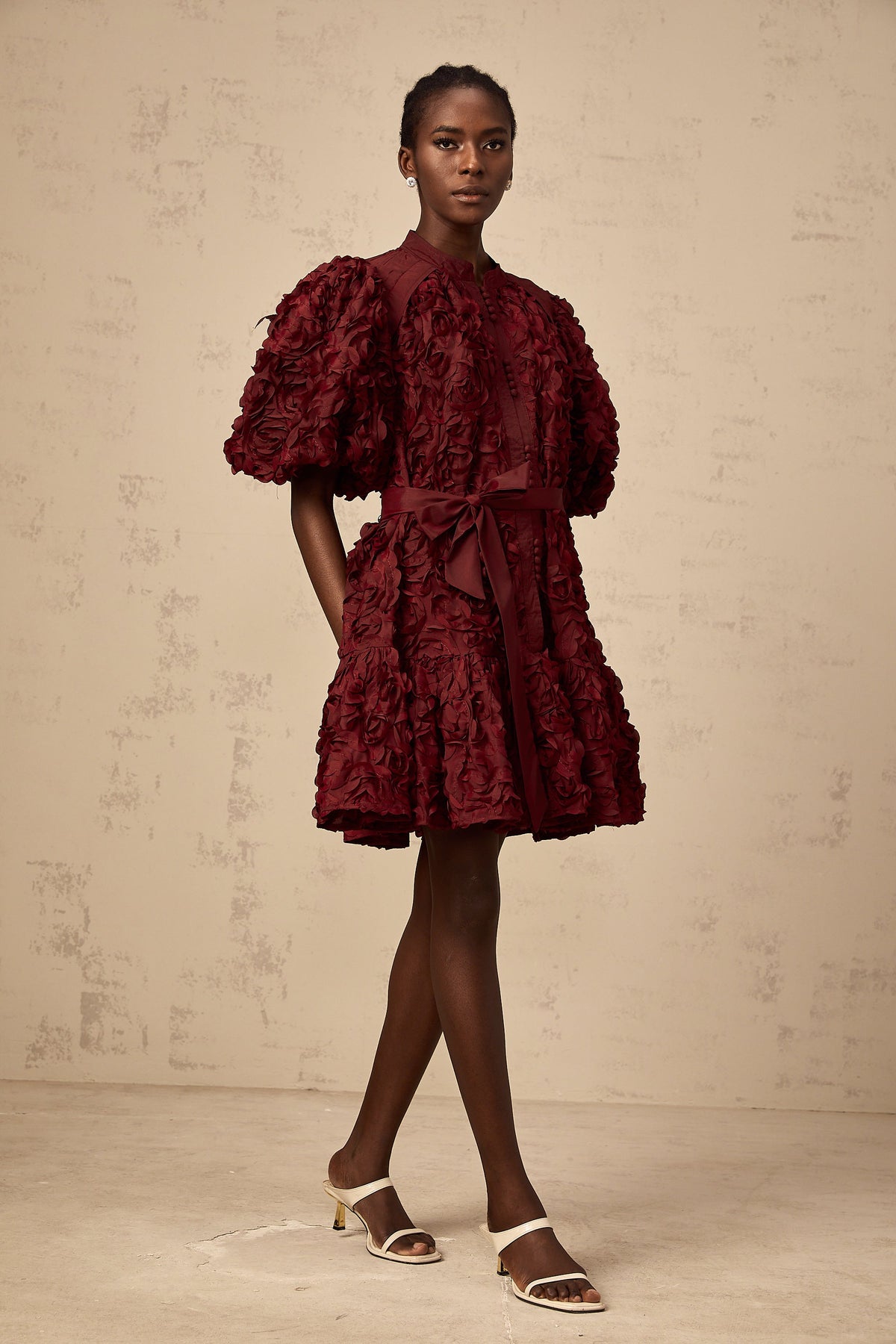 Ségolène wine-red 3D-petal puff mini dress