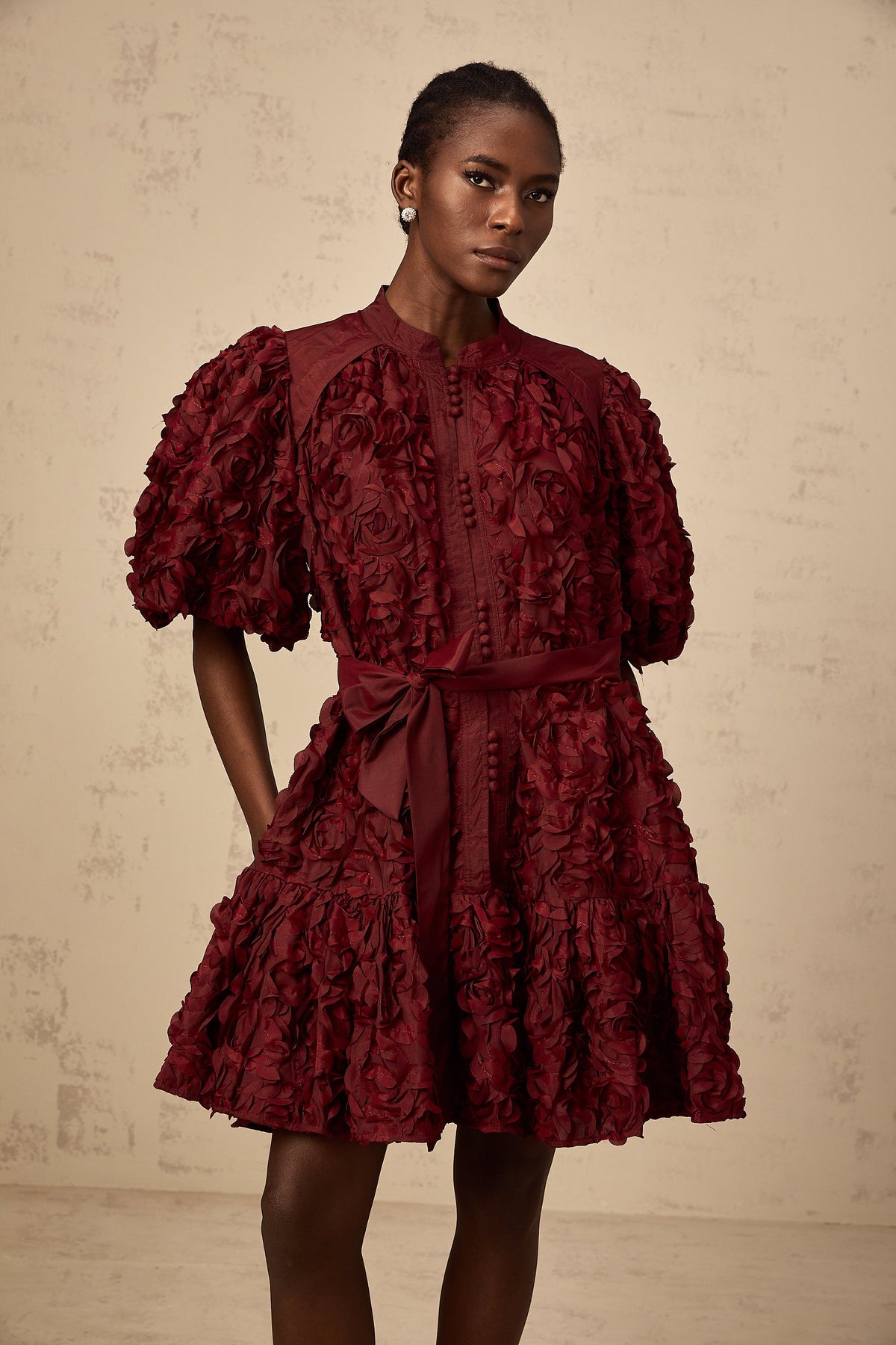 Ségolène wine-red 3D-petal puff mini dress (Final Sale-US Only)