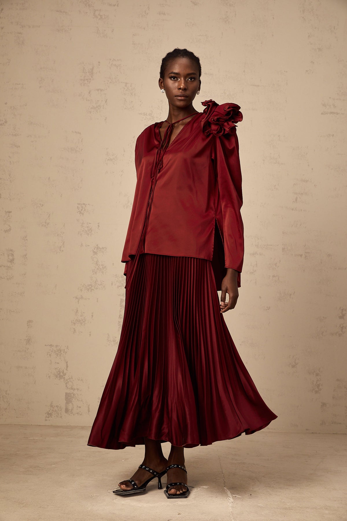 Colette flower-appliqué satin blouse & skirt matching set