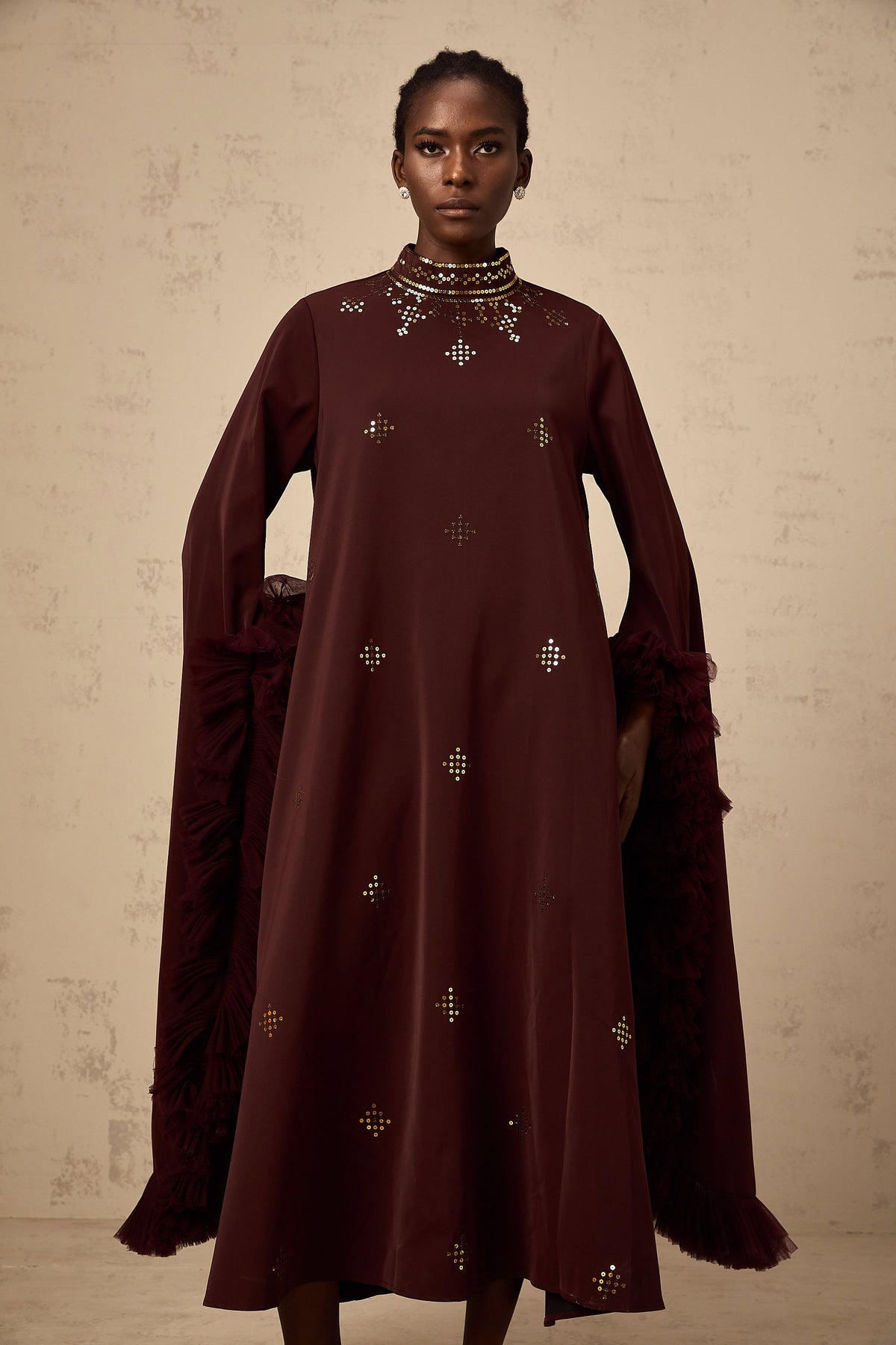 Anaïs purple sequined flared-sleeve midi dress