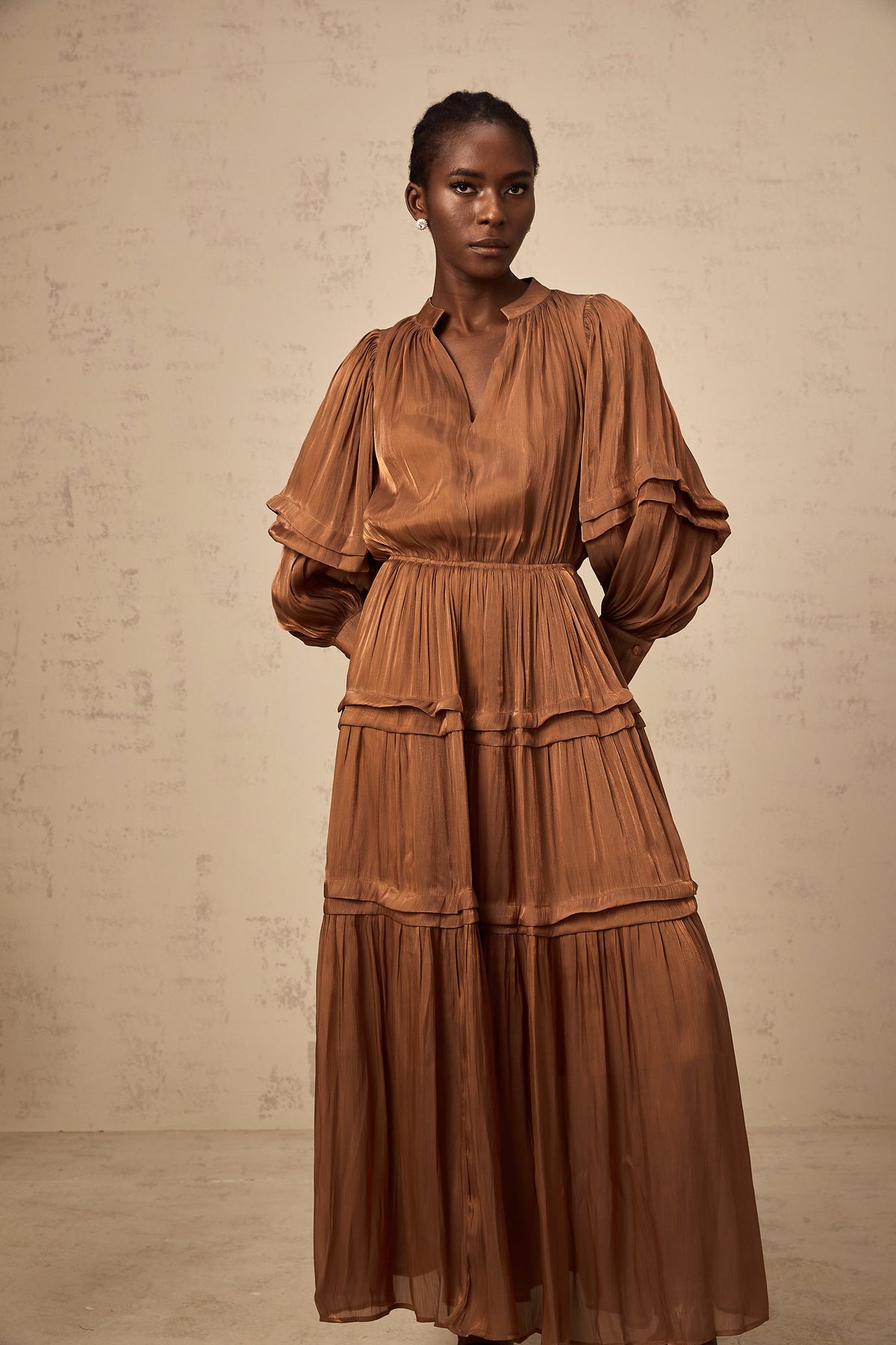 Emma brown ruffled-trim tiered maxi dress