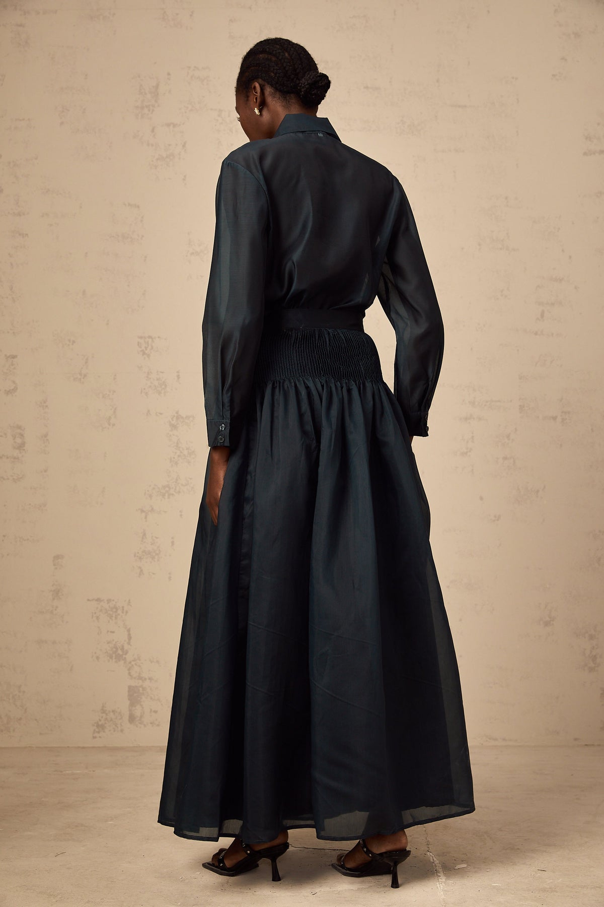 Zoé dark-green ribbon tie-neck shirt & skirt matching set (Final Sale-US Only)