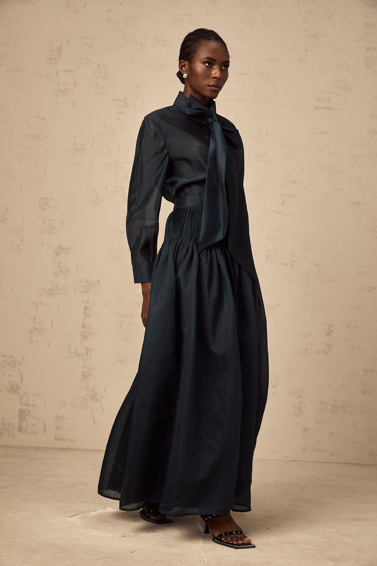 Zoé dark-green ribbon tie-neck shirt & skirt matching set (Final Sale-US Only)