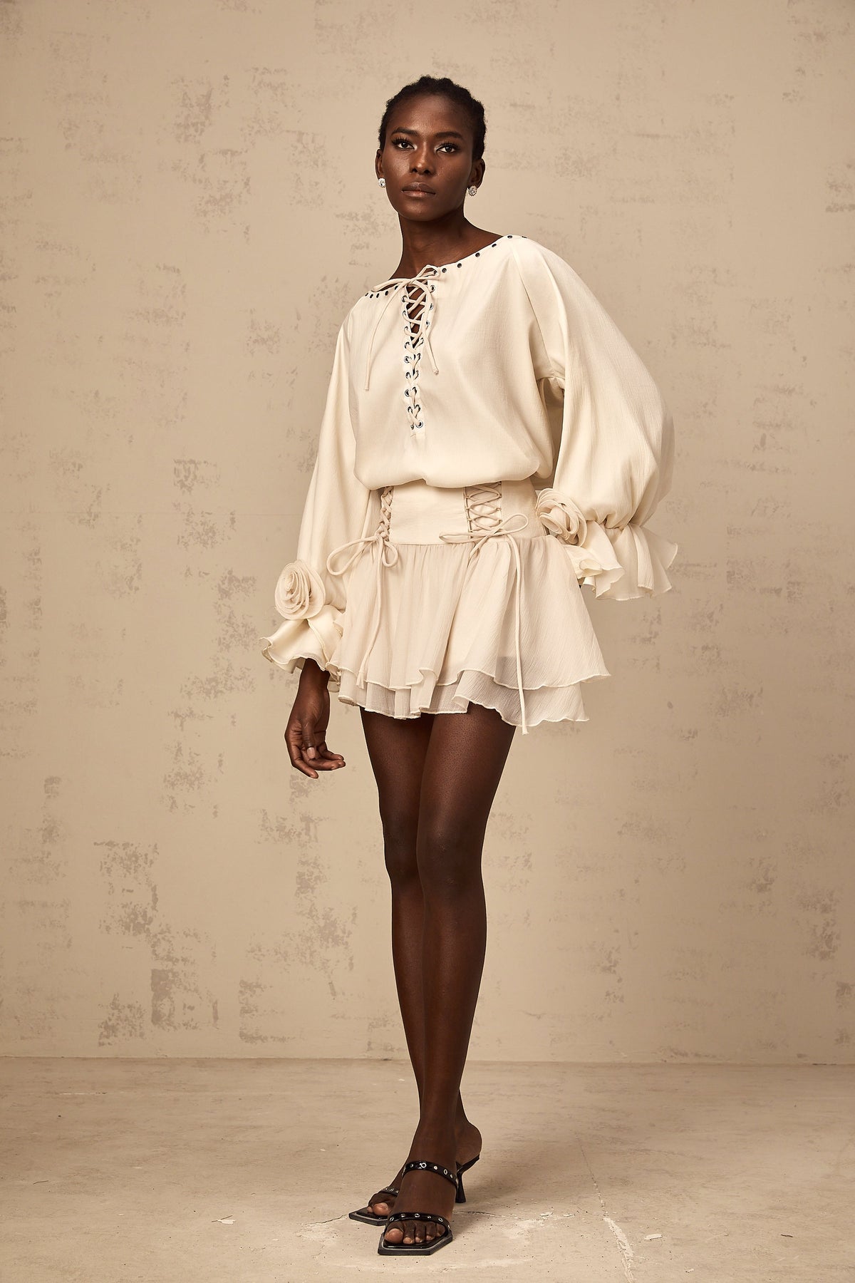 Perrine self-tie ruffled blouse & skirt matching set