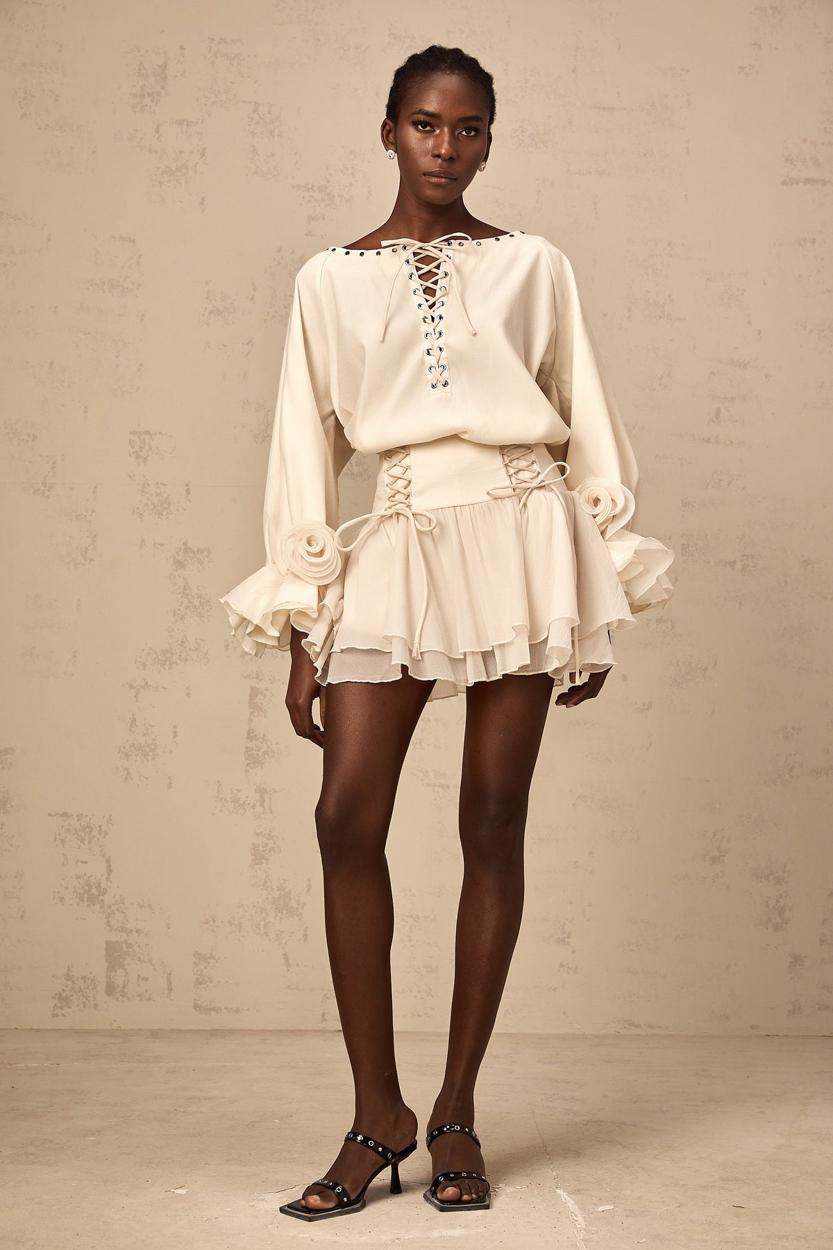 Perrine self-tie ruffled blouse & skirt matching set