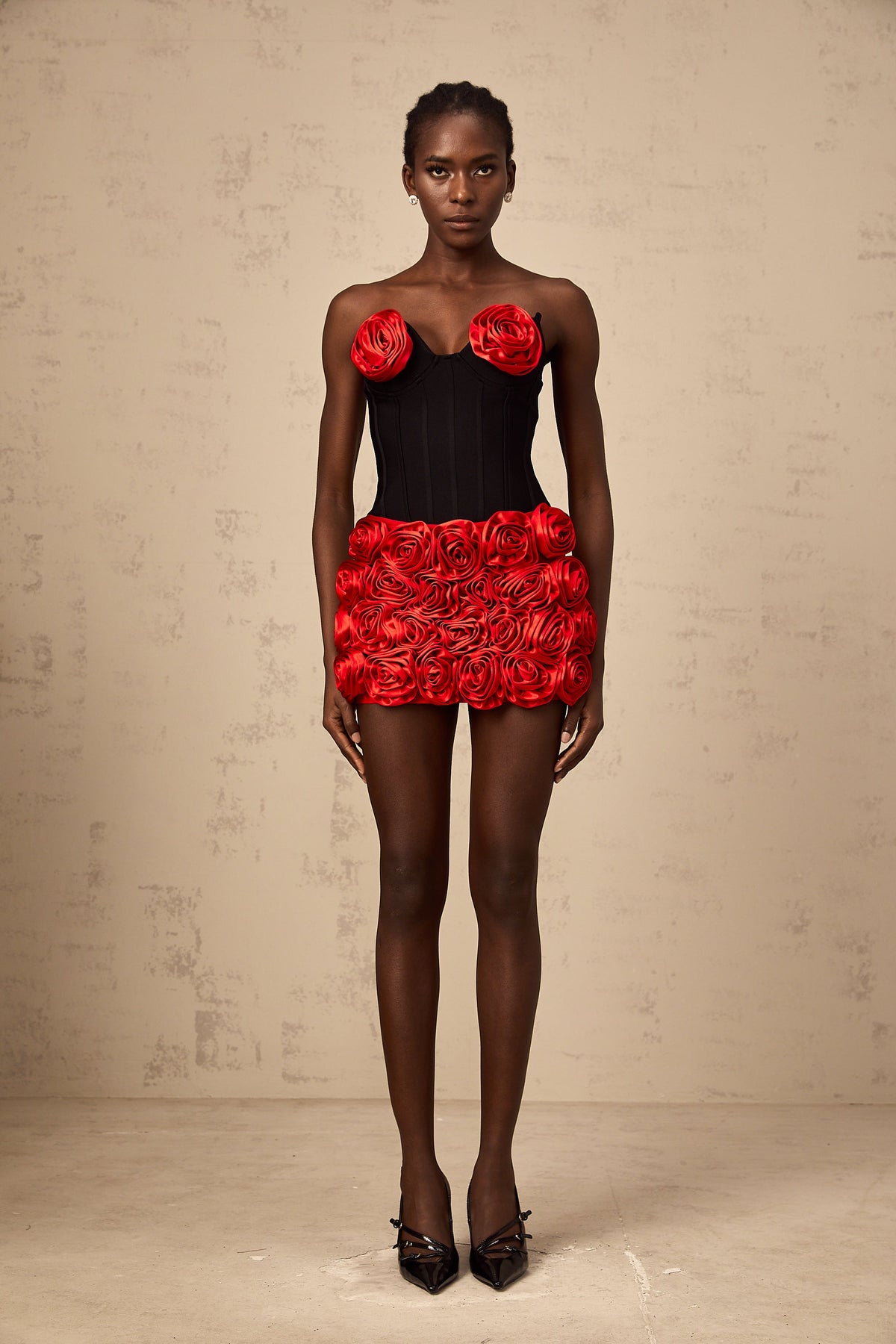Héloïse red rose-appliqué top & skirt matching set