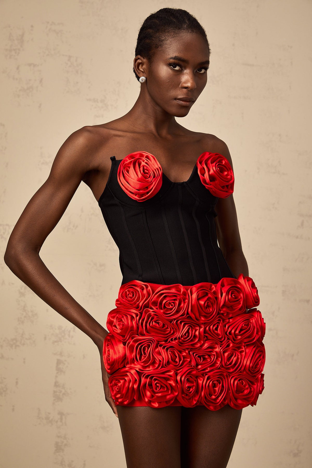 Héloïse red rose-appliqué top & skirt matching set