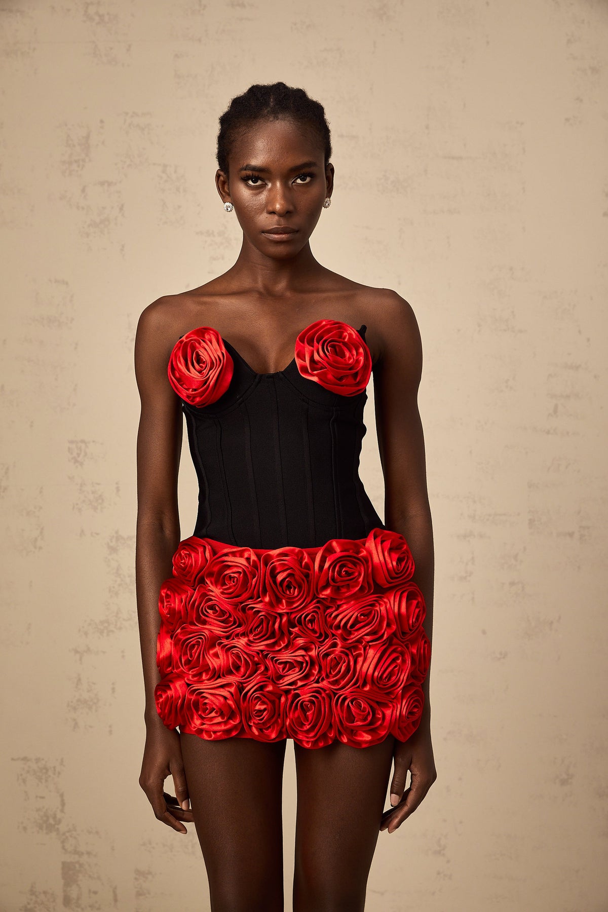 Héloïse red rose-appliqué top & skirt matching set