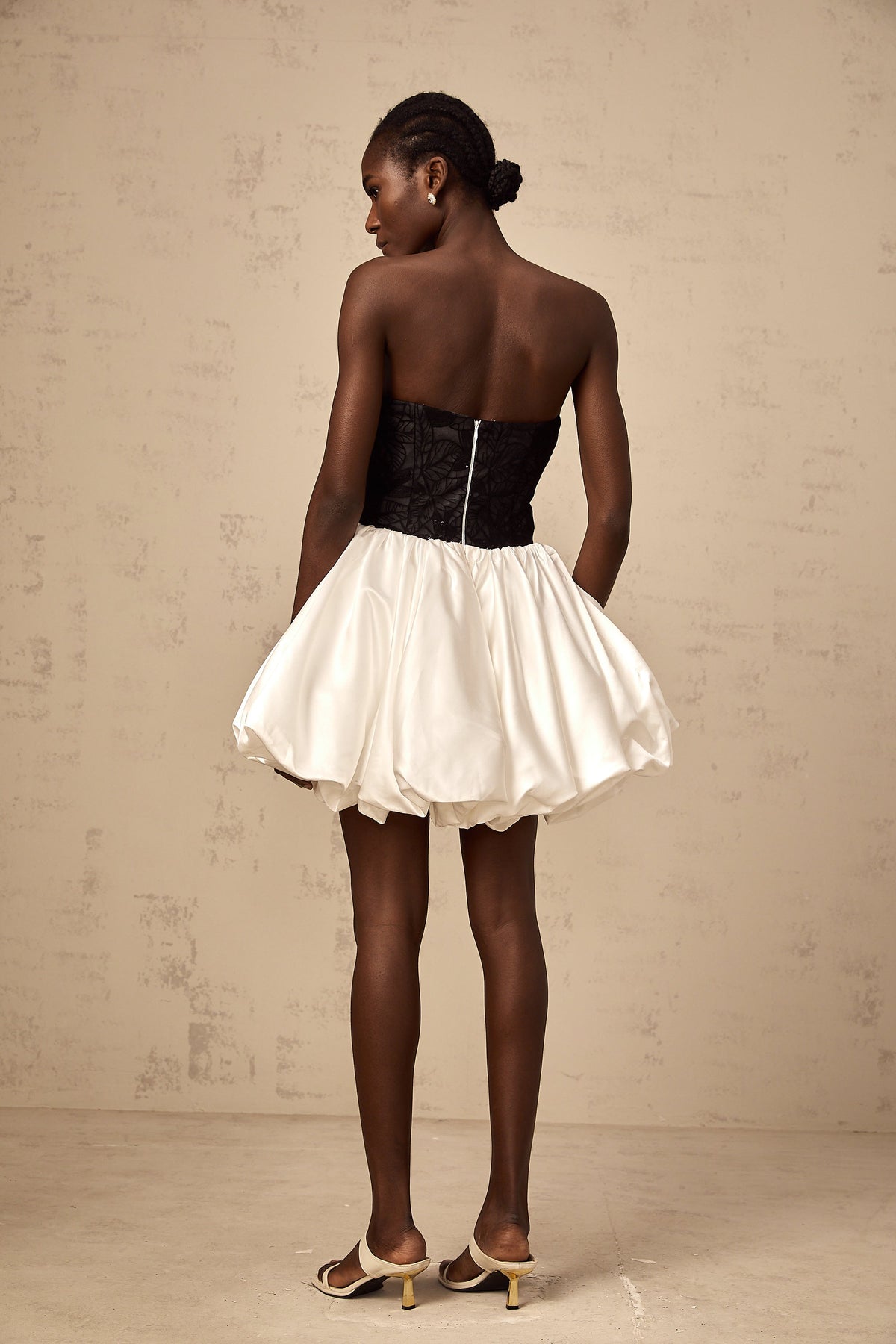 Éliane white lace-panelling puff satin mini dress