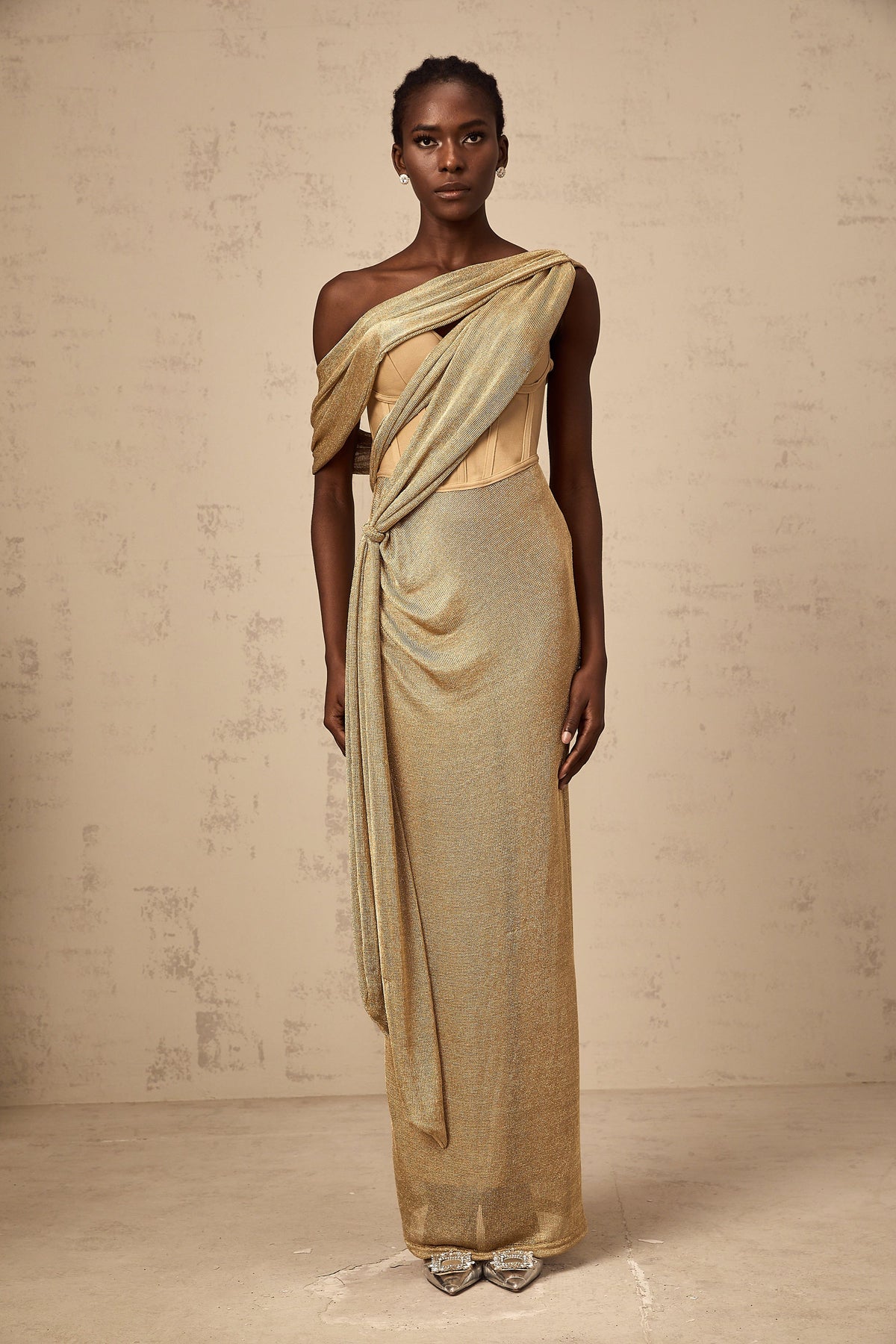 Delphine ribbon-design corset maxi dress in Khaki
