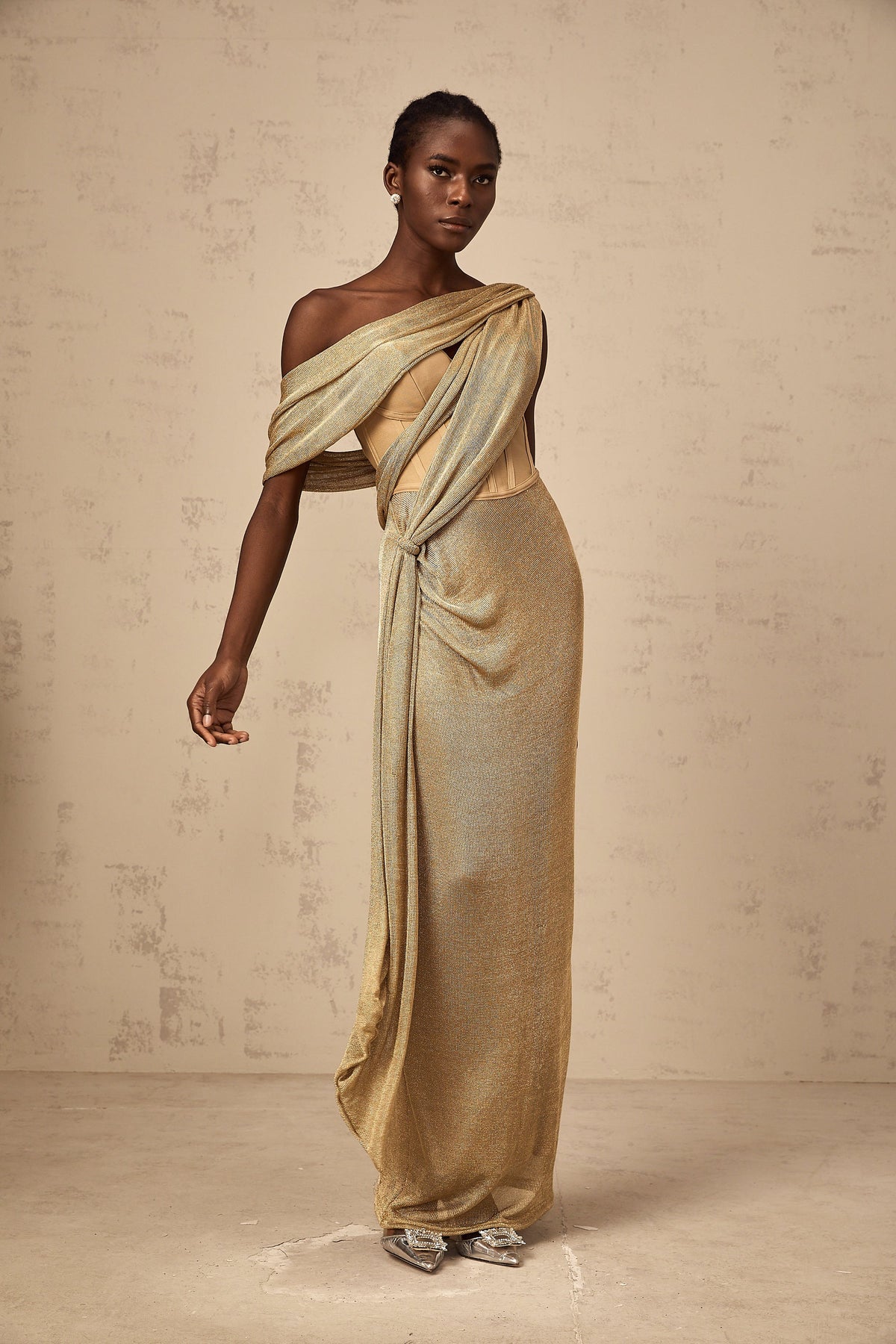 Delphine ribbon-design corset maxi dress in Khaki