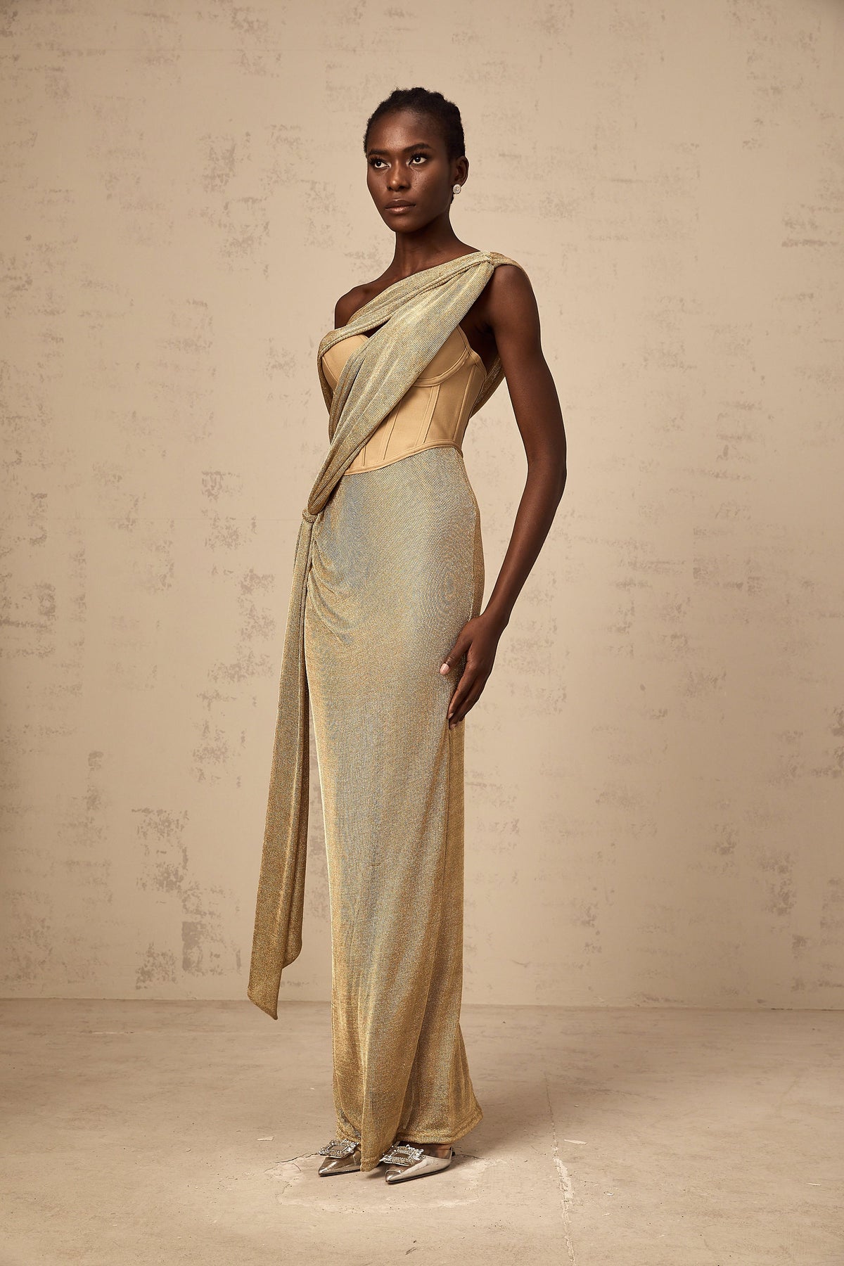 Delphine ribbon-design corset maxi dress in Khaki