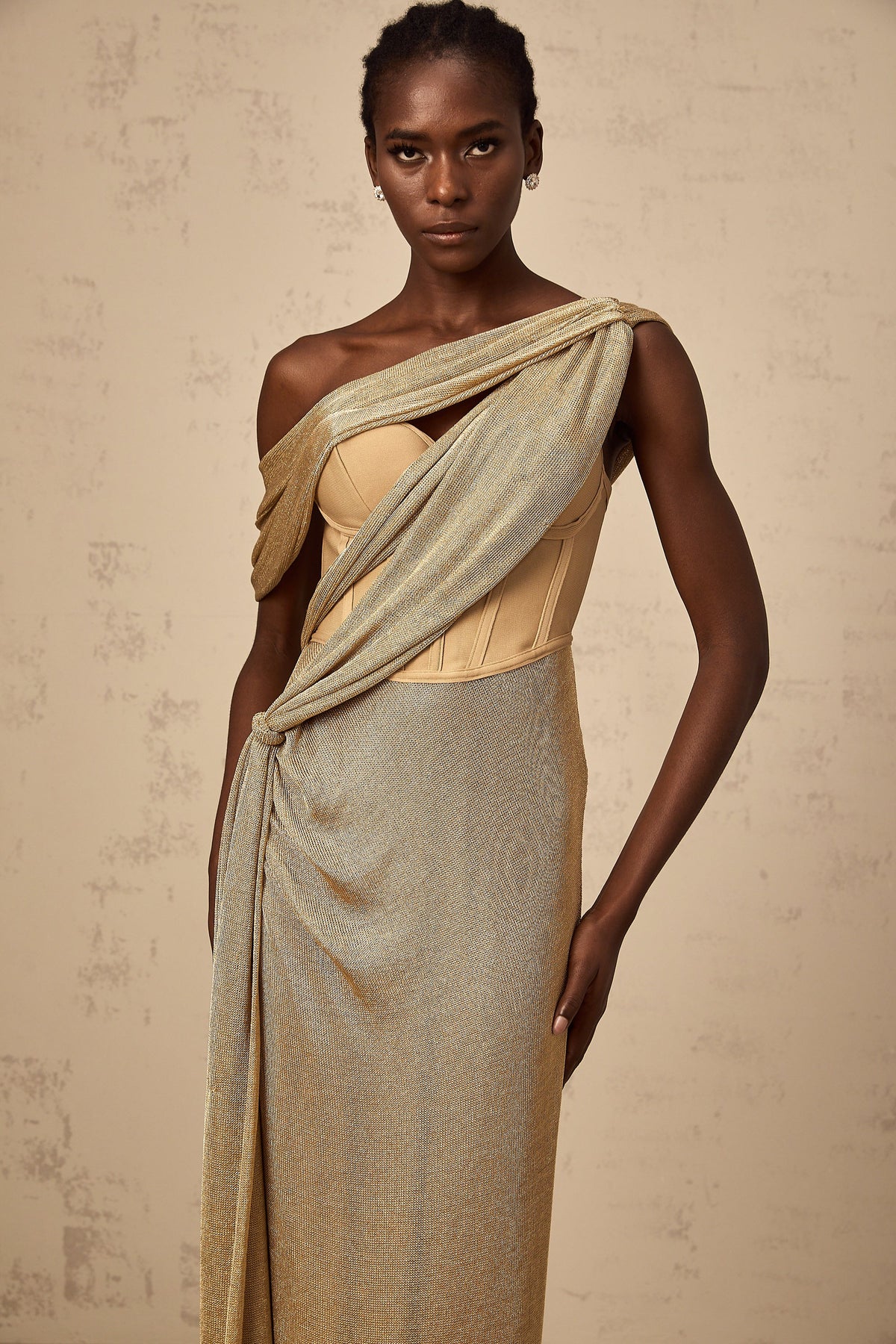 Delphine ribbon-design corset maxi dress in Khaki