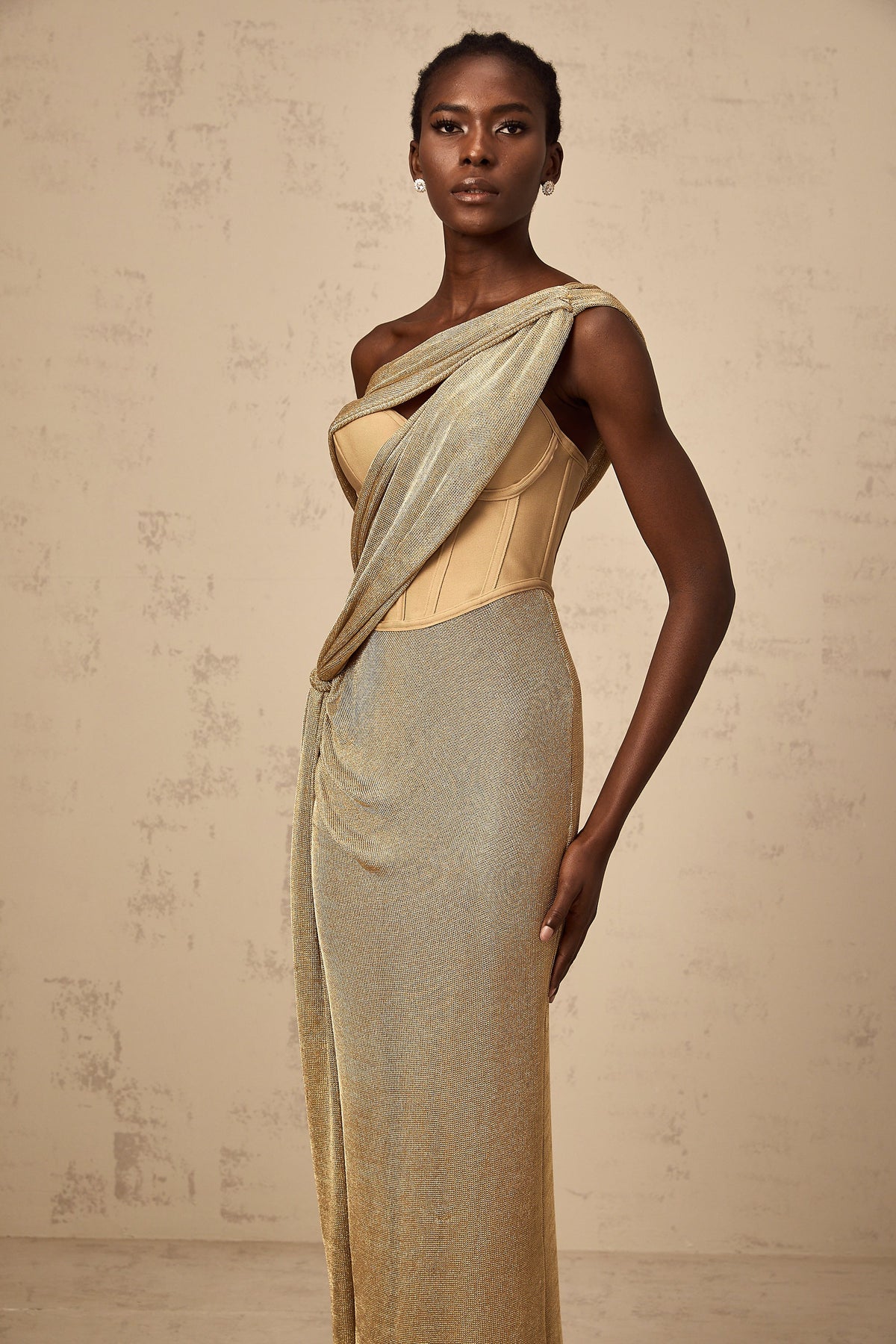 Delphine ribbon-design corset maxi dress in Khaki