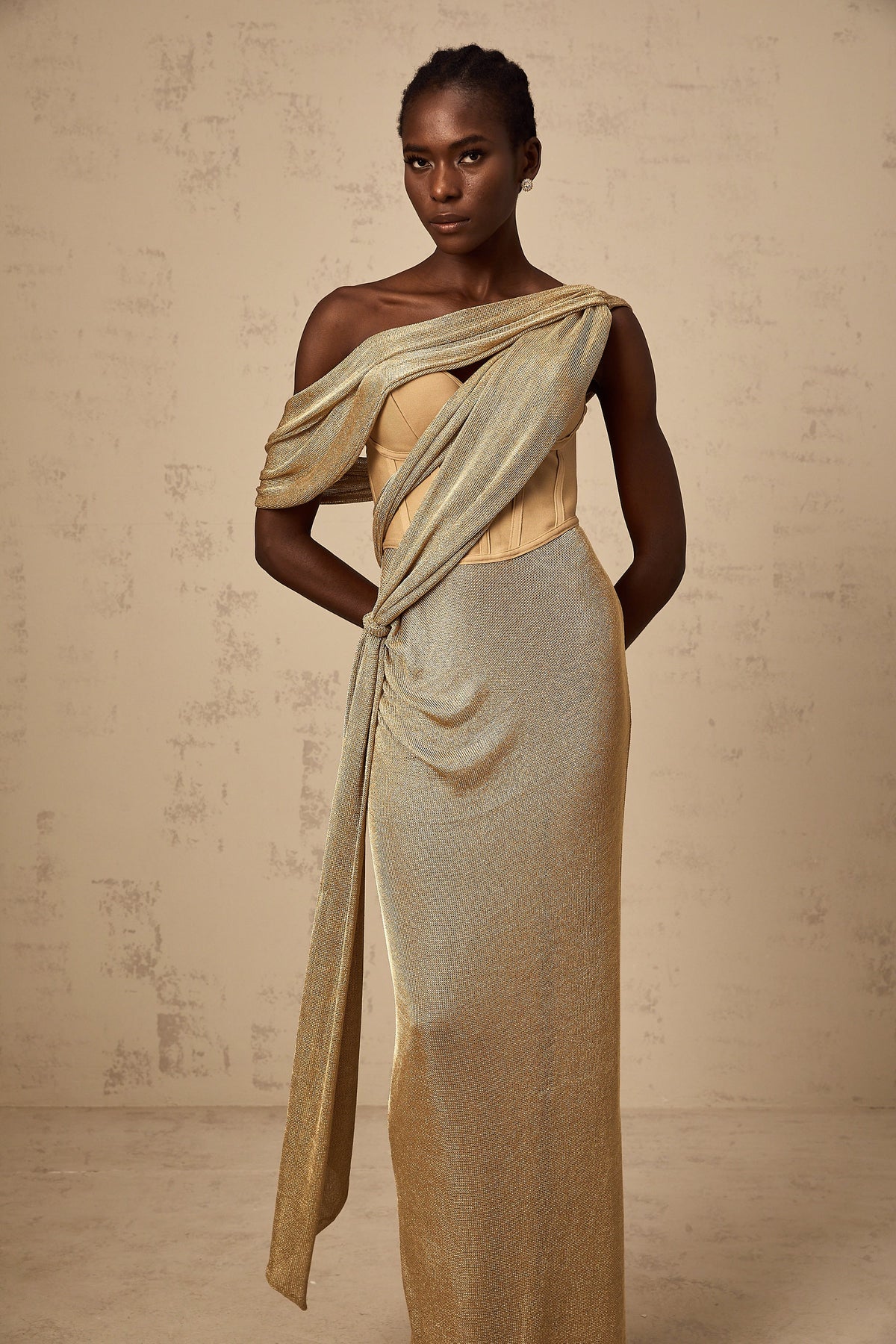Delphine ribbon-design corset maxi dress in Khaki