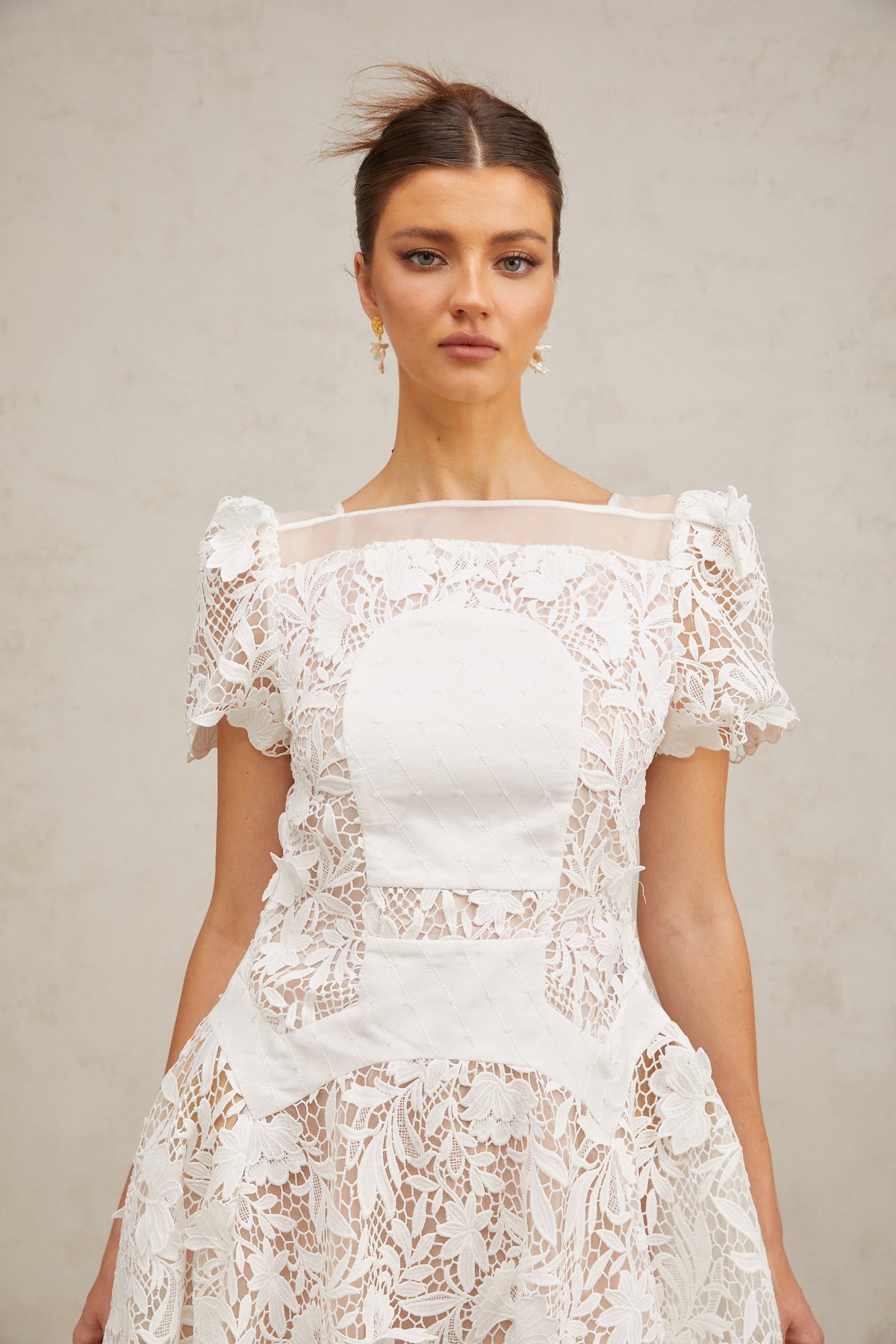 Josette white floral-lace puff mini dress