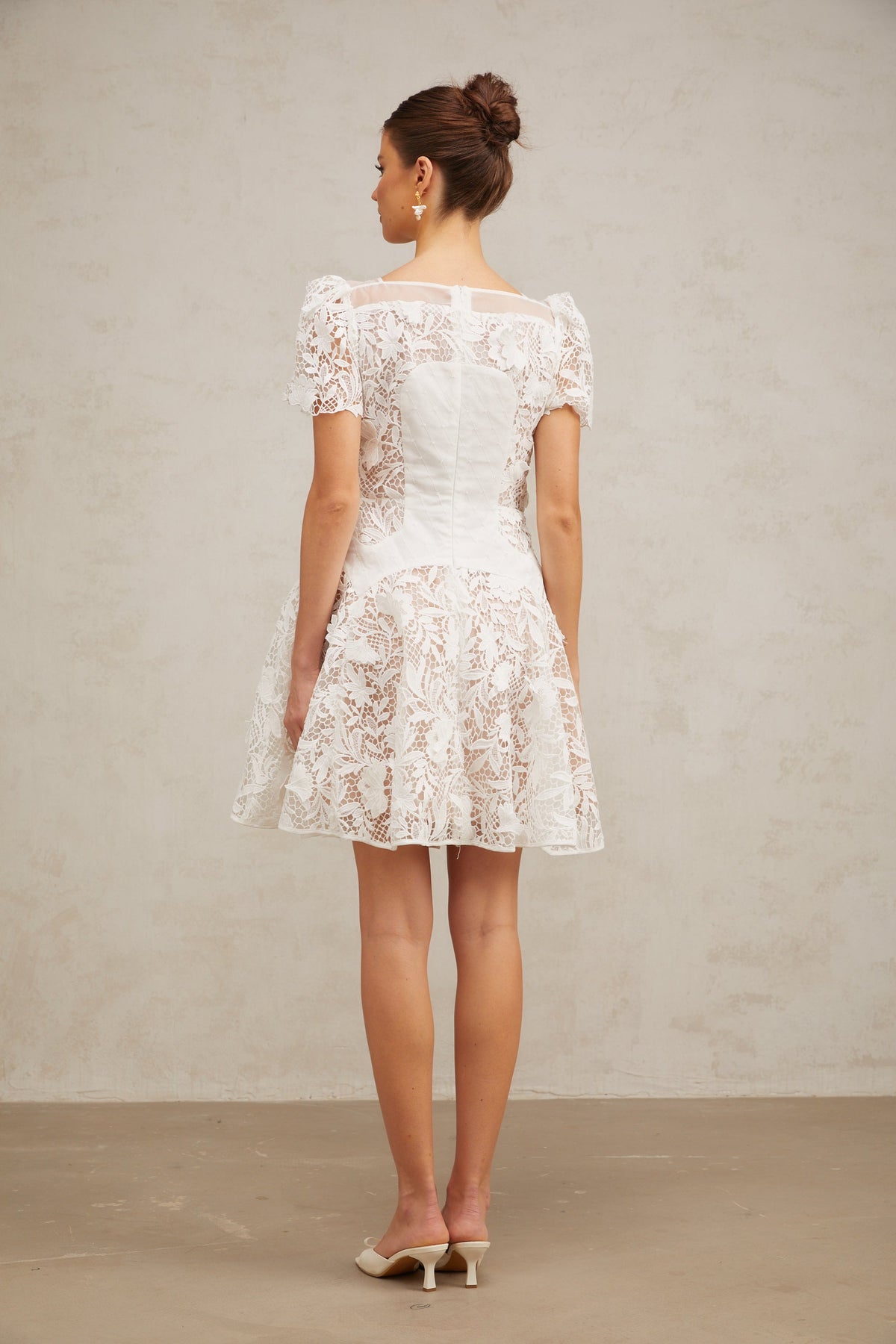 Josette white floral-lace puff mini dress