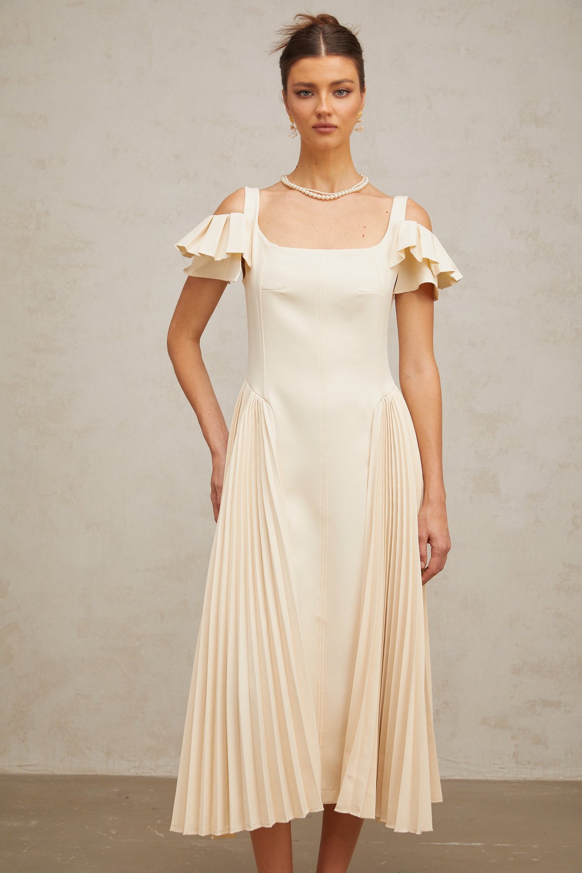 Véronique neutrals pleated flared midi dress