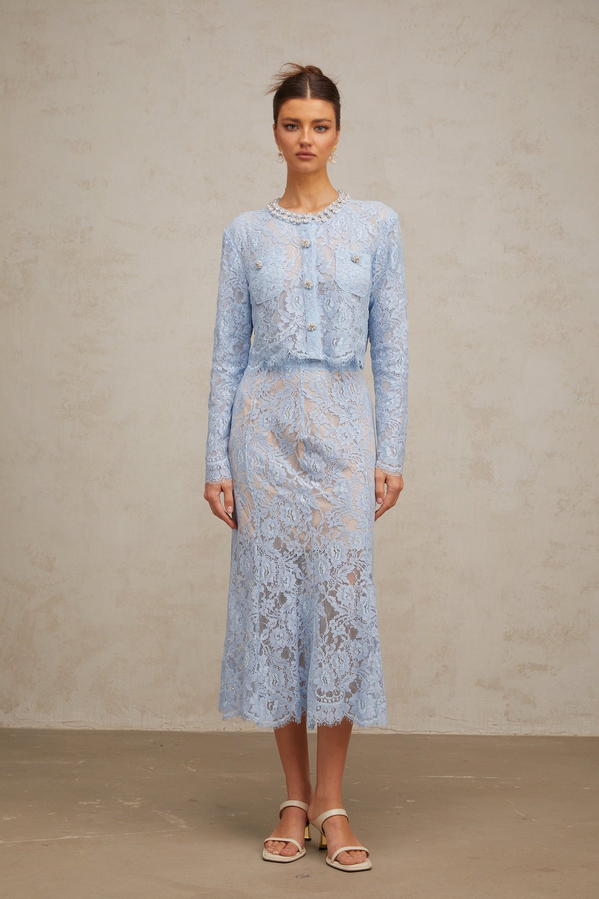 Ariane blue floral-lace top & skirt matching set (Final Sale-US Only)
