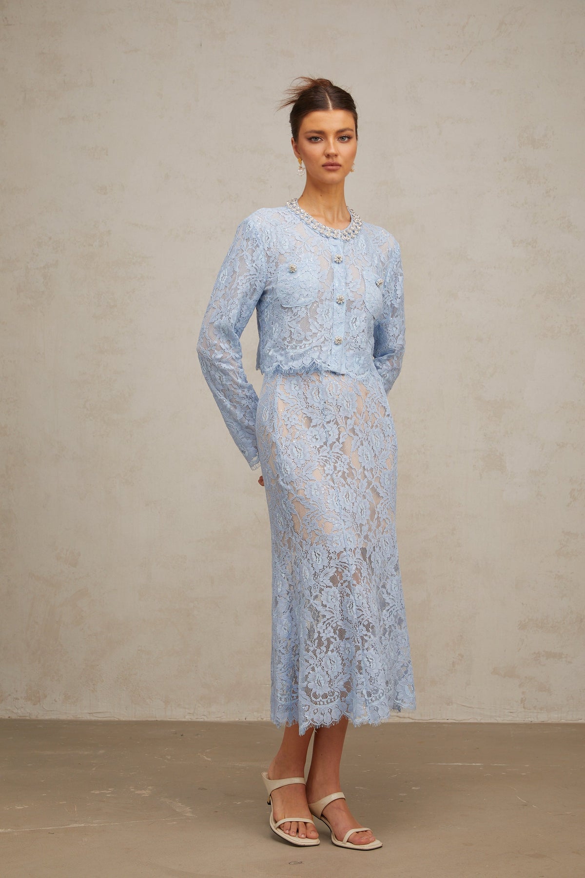 Ariane blue floral-lace top & skirt matching set (Final Sale-US Only)