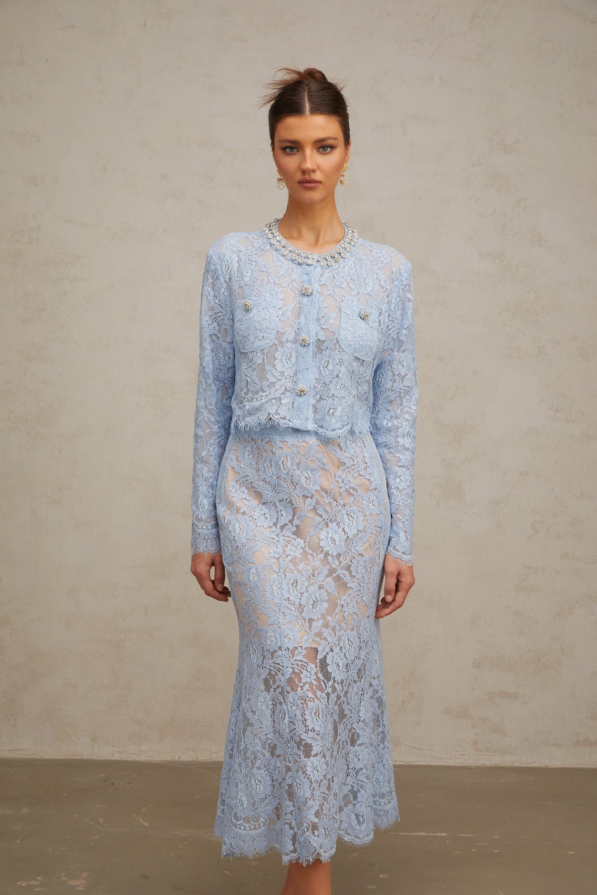 Ariane blue floral-lace top & skirt matching set (Final Sale-US Only)