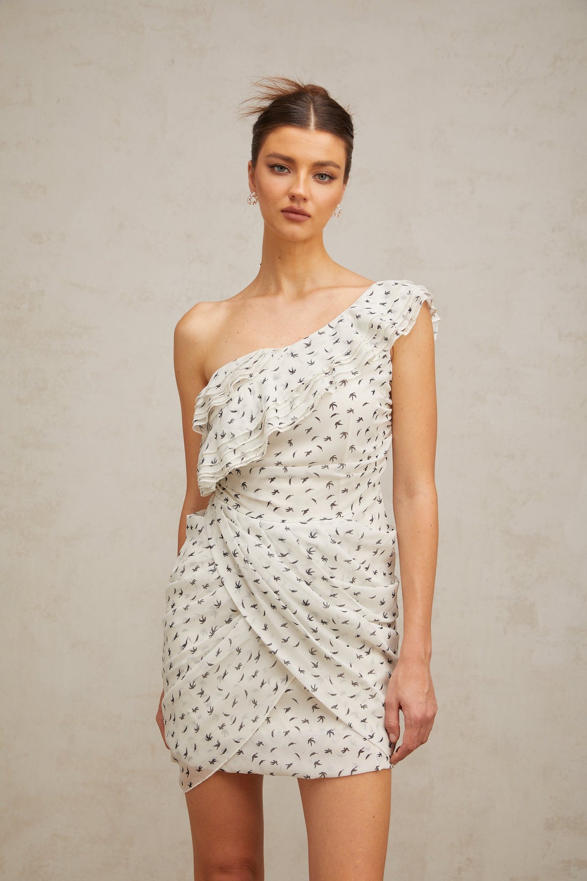 Irina white pattern-print ruffled mini dress