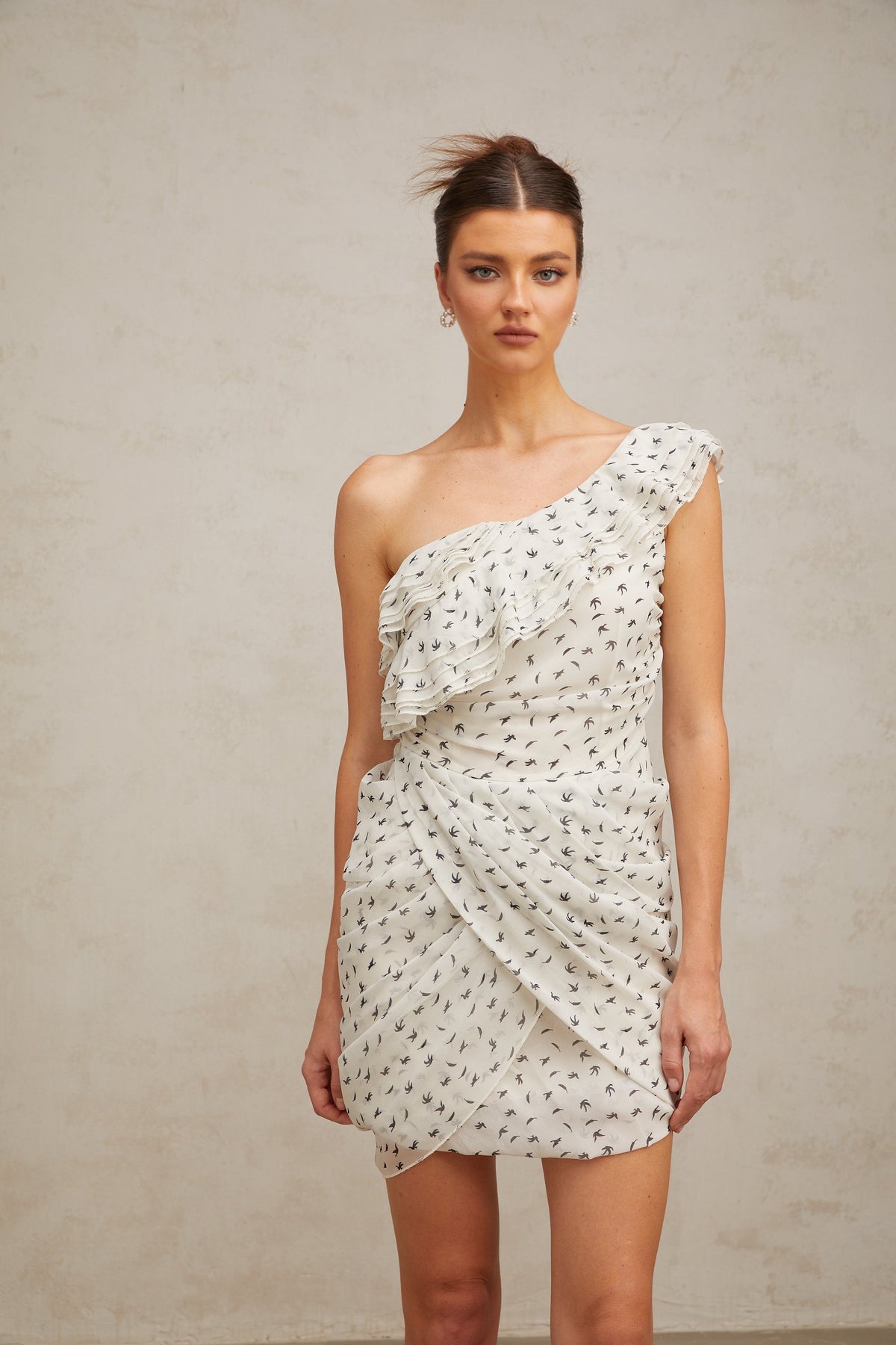 Irina white pattern-print ruffled mini dress