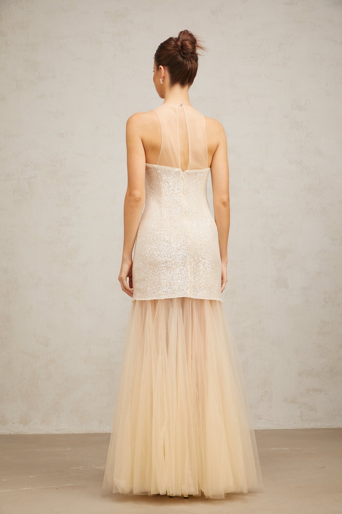Thaïs champagne sequined tulle-panel maxi dress