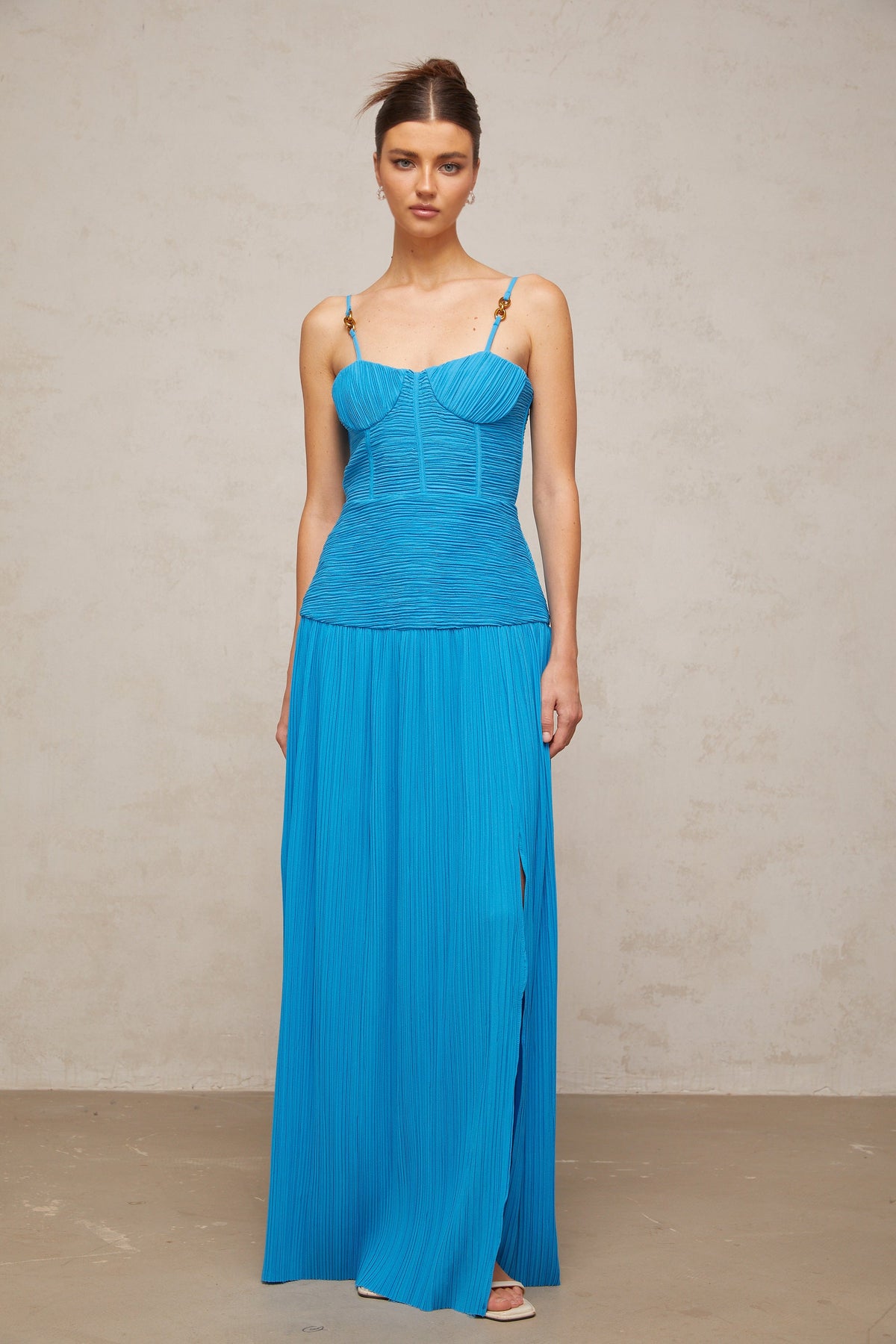 Félicie side-slit pleated maxi dress in Blue