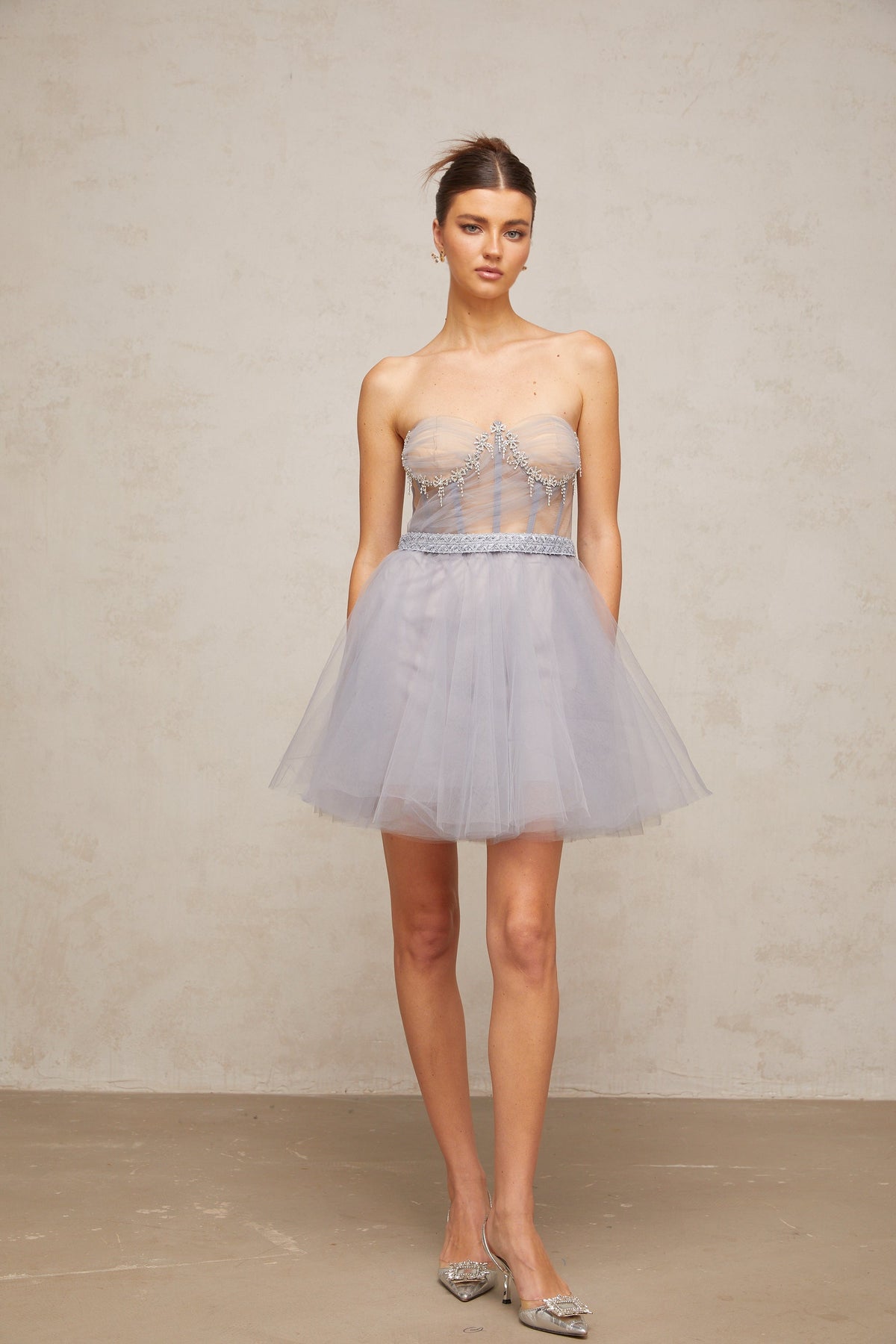 Aloïse grey embellished puff tulle mini dress