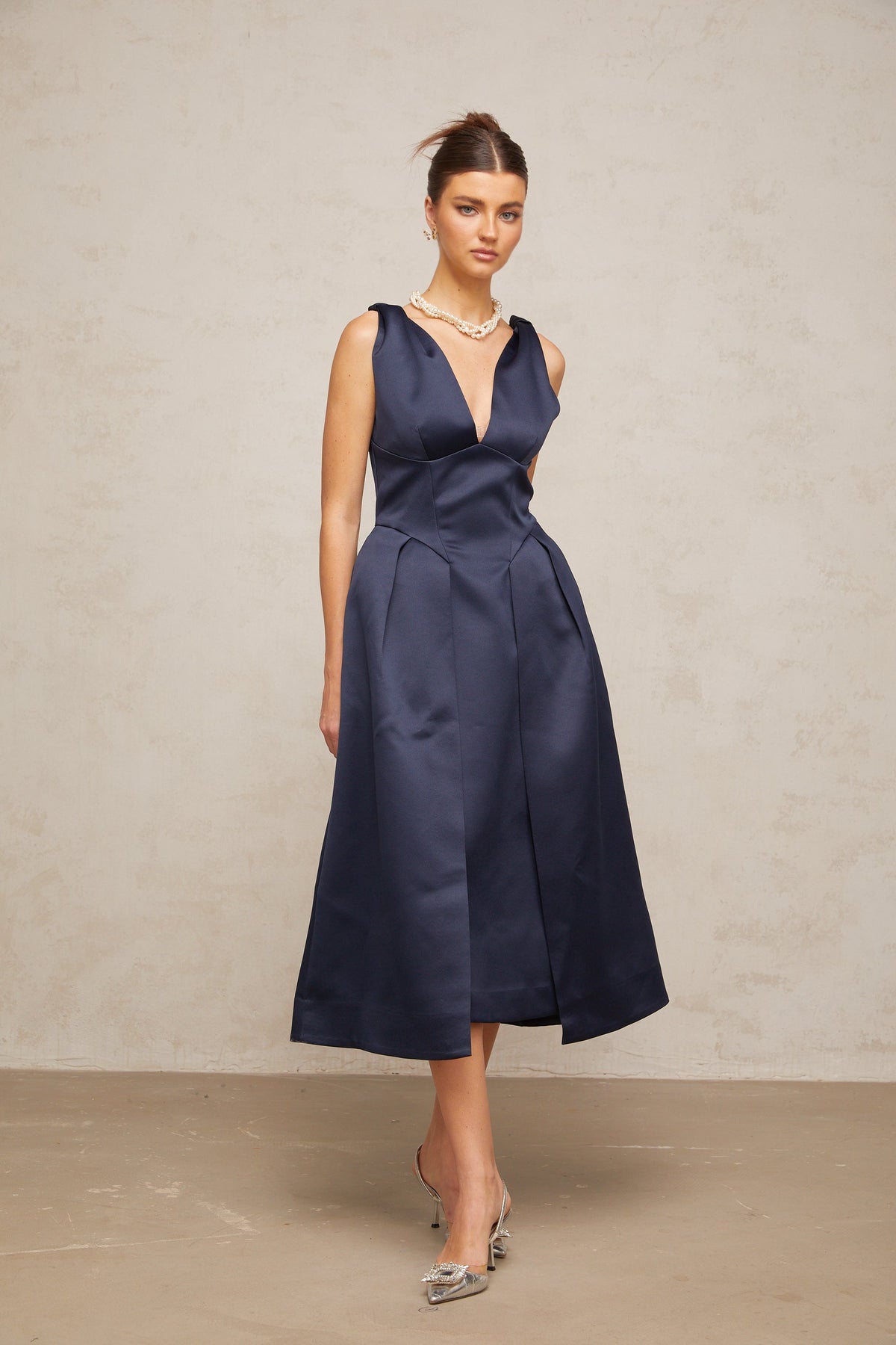 Chantale blue twist-detail satin midi dress