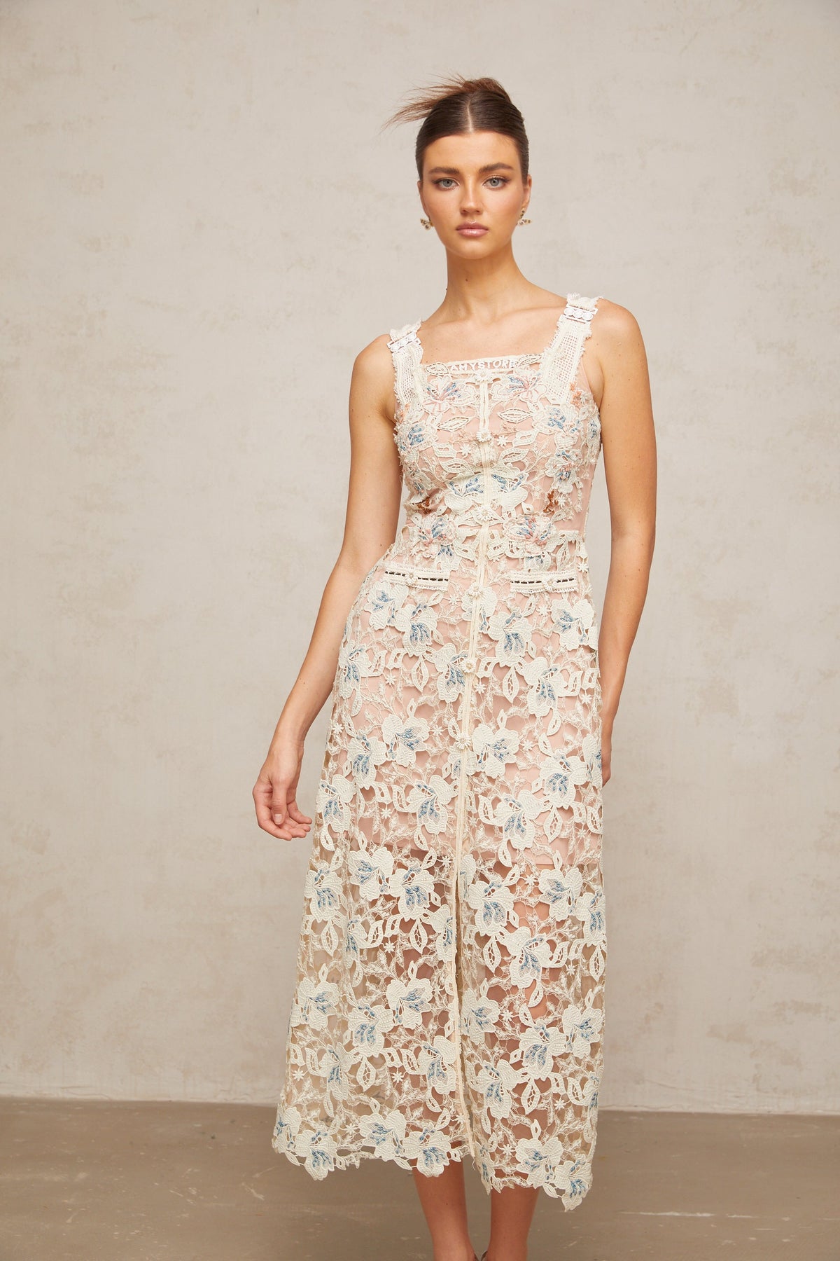 Roxane white A-line flora-lace midi dress