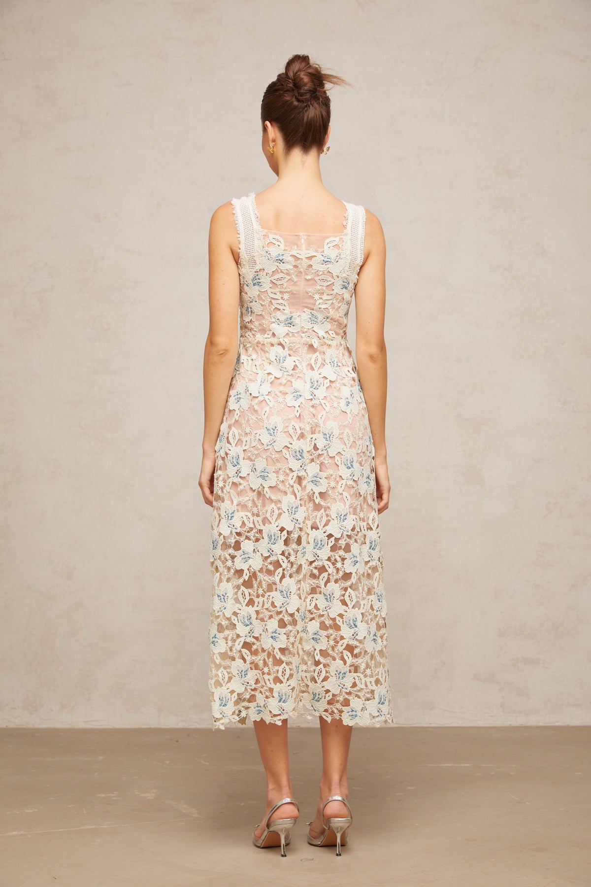 Roxane white A-line flora-lace midi dress
