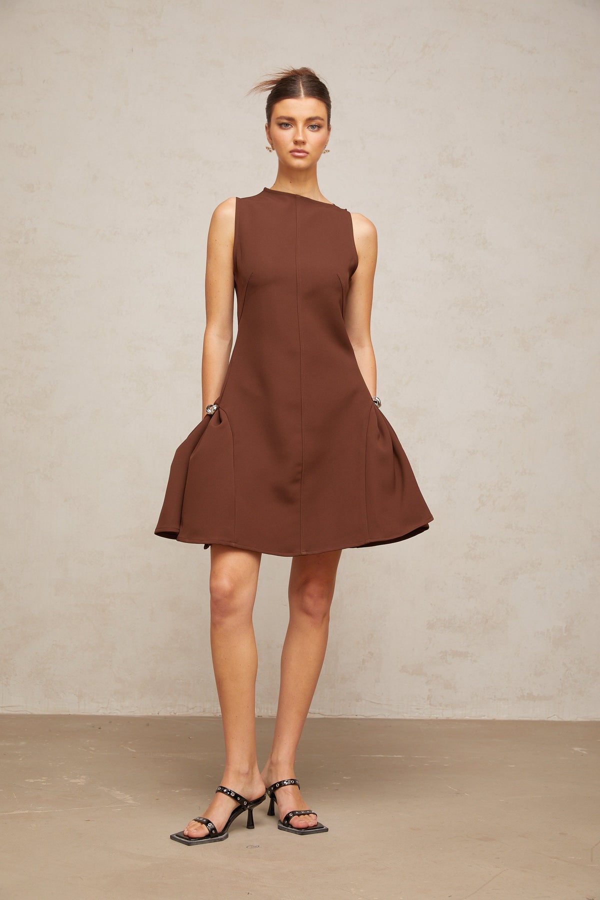 Dora brown asymmetrical-neck puff mini dress