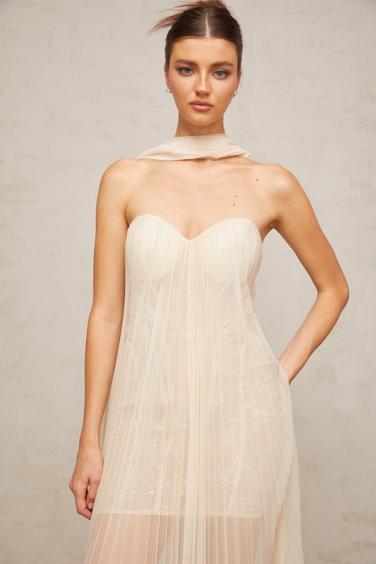 Monique ribbon-design pleated tulle maxi dress in Neutrals