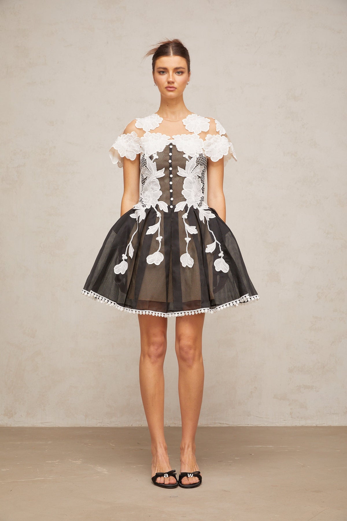Sandrine color-blocked floral-embroidered mini dress
