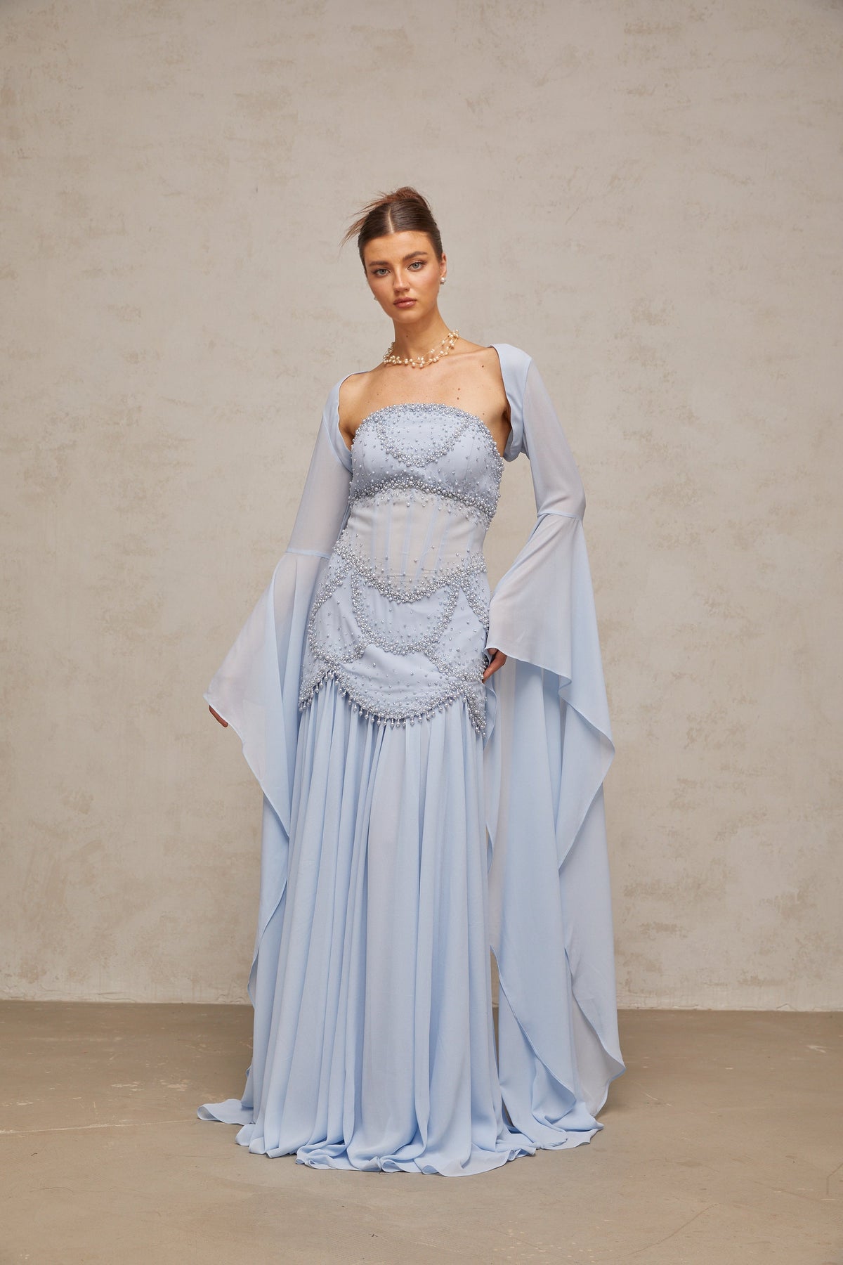 Gaëlle faux-pearl-embellished pleated maxi dress in Light-blue
