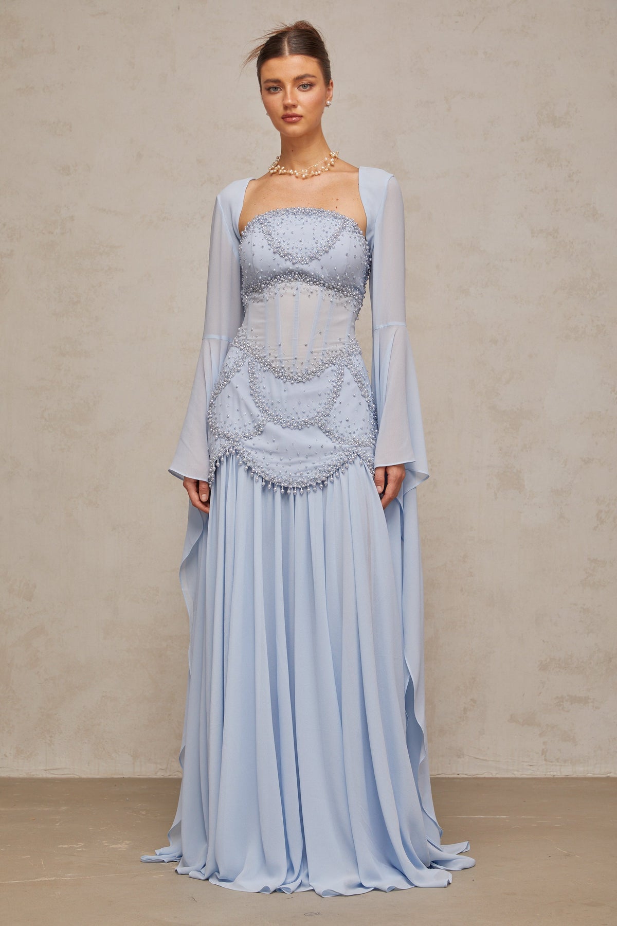 Gaëlle faux-pearl-embellished pleated maxi dress in Light-blue