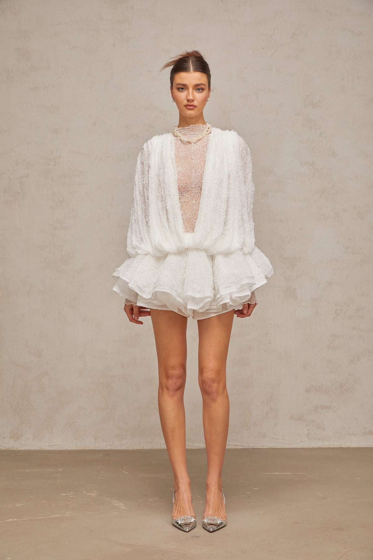 Isoline white semi-sheer lace top & shorts & dress matching set (Final Sale-US Only)