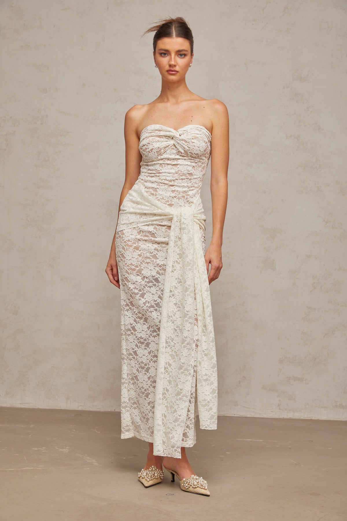 Wilhelmine white lace draped midi dress